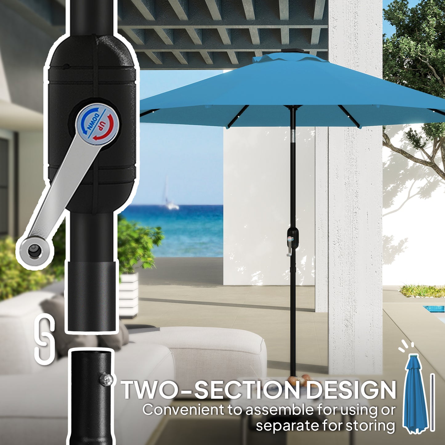 Outsunny 2.7m LED Light Parasol Umbrella Blue With 24 Solar Powered LEDs For Nighttime Ambience