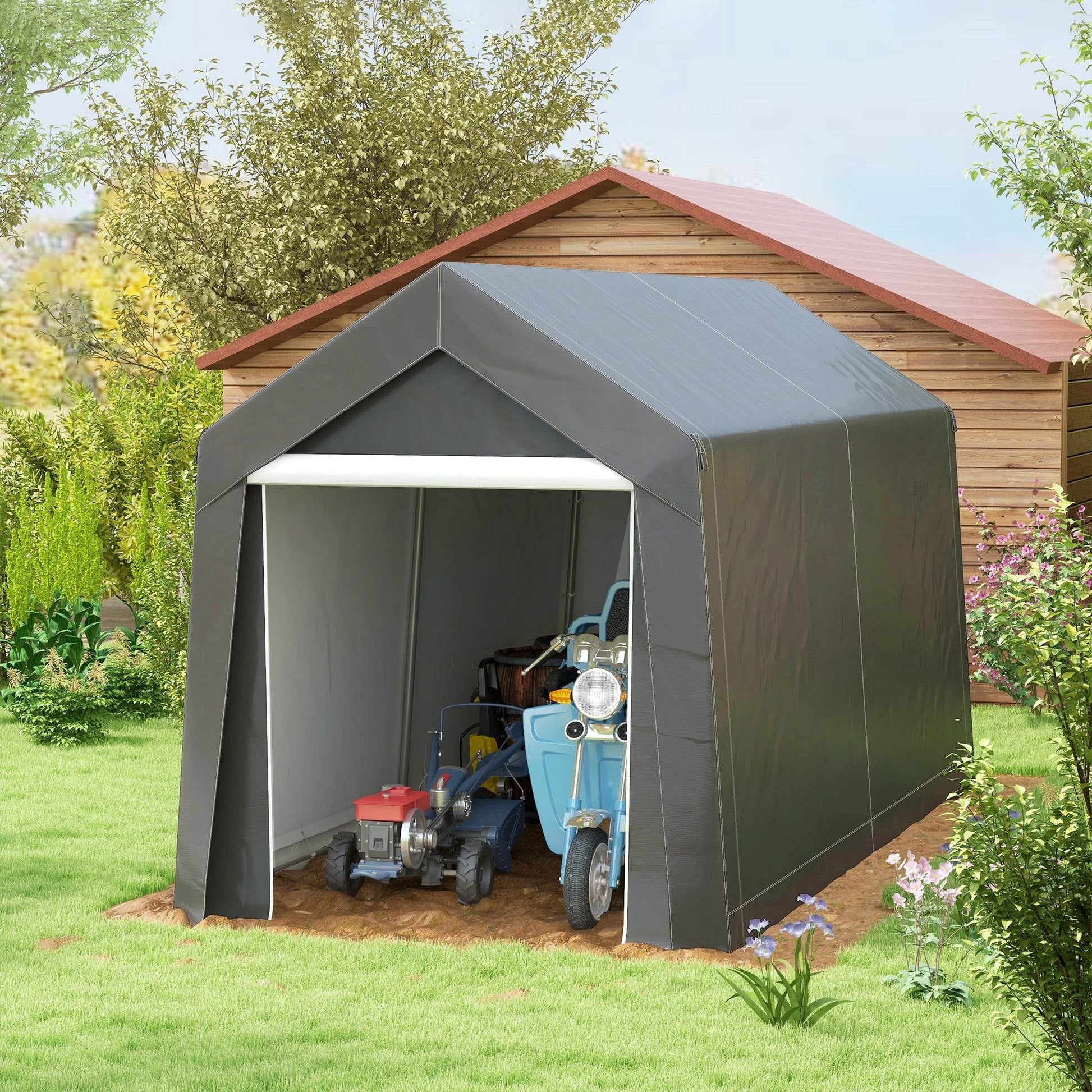Portable Dark Grey Outdoor Storage Shed with Window and Ground Stakes - 3.6 x 2.1m - ALL4U RETAILER LTD