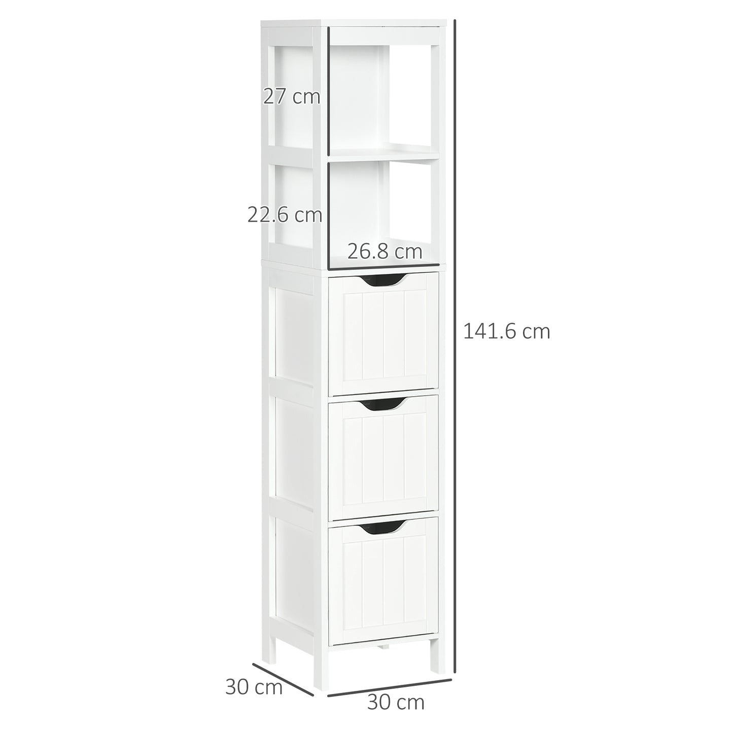 HOMCOM Narrow Floor Cabinet White With 3 Drawers And 2 Open Shelves For Bathroom And Kitchen Use 30W x 30D x 141.6H cm