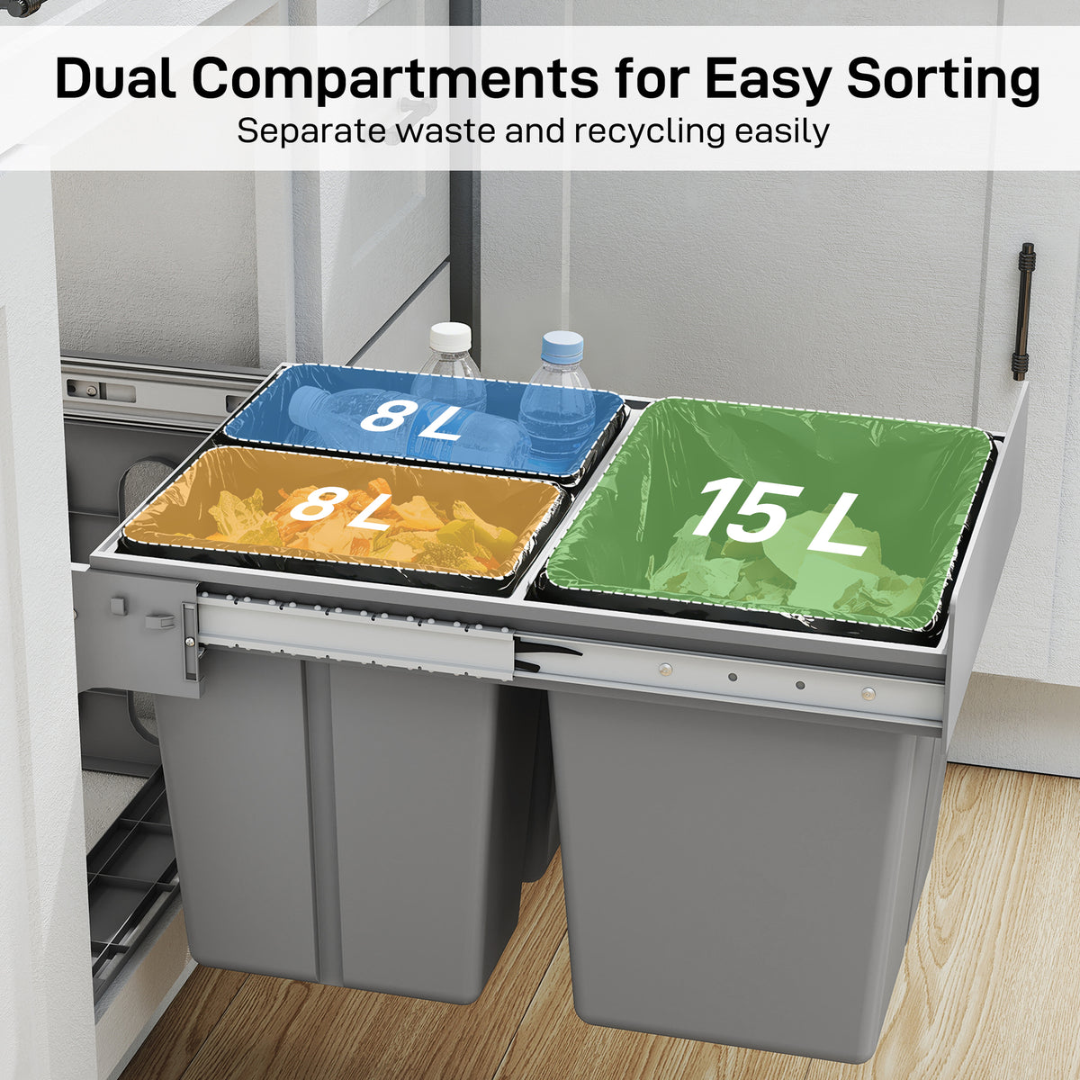 HOMCOM Pull Out Under Sink Bin 31L With 3 Compartments For 400mm Cabinets