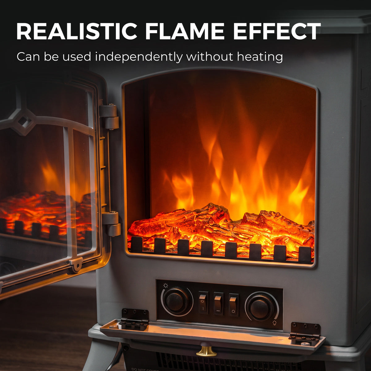 Grey electric fireplace stove interior with LED flame effect and logs