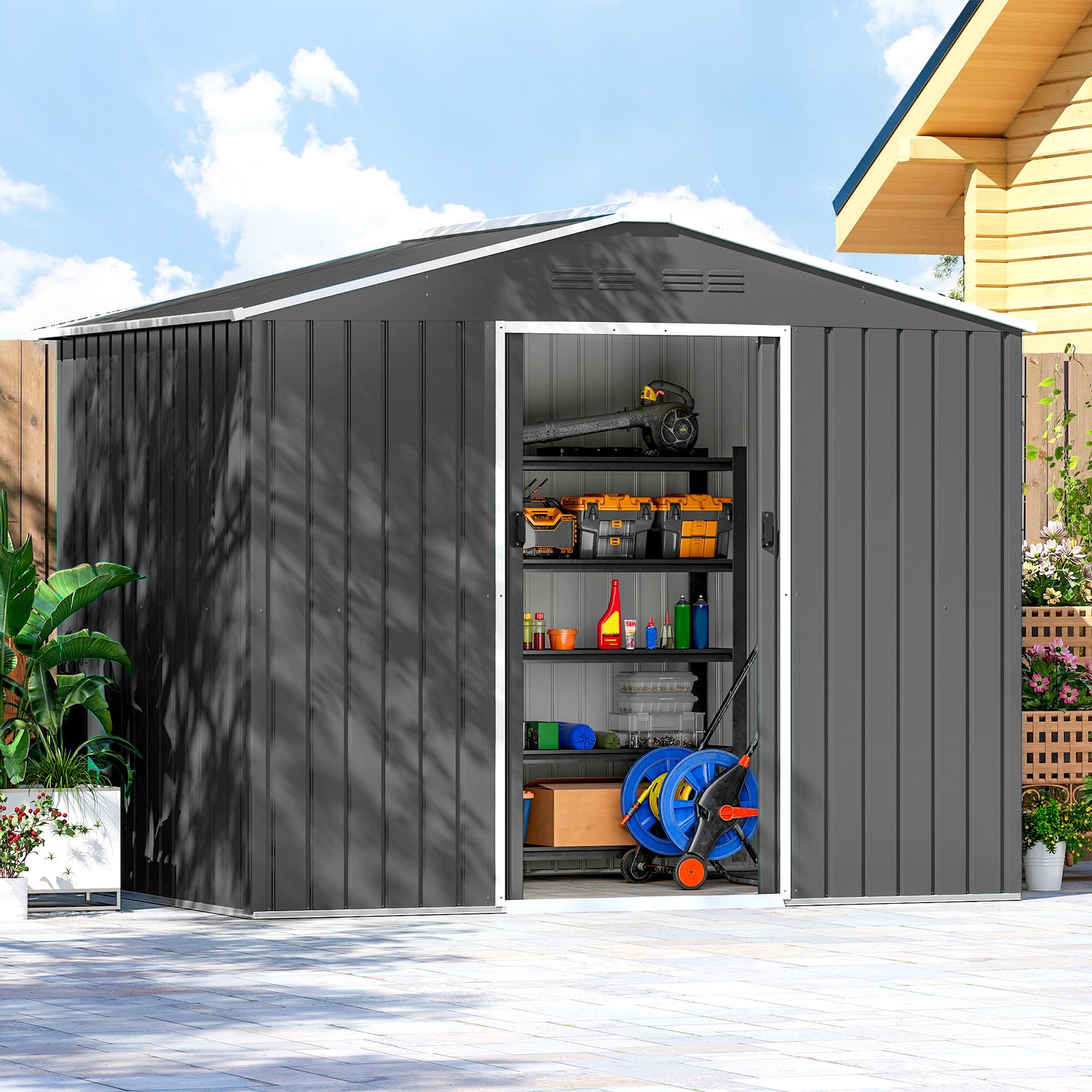 Outsunny 8x6ft Galvanised Steel Shed With Double Door Dark Grey For Garden Tools And Equipment