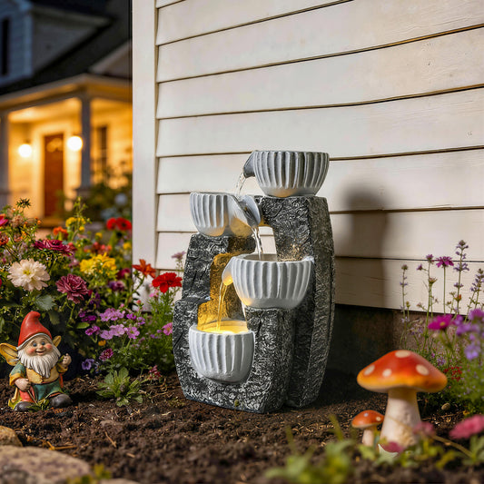 Outsunny 4 Tier Bowl Water Feature Indoor Outdoor Garden Fountain with Pump LED Lights Resin Cascading Waterfall