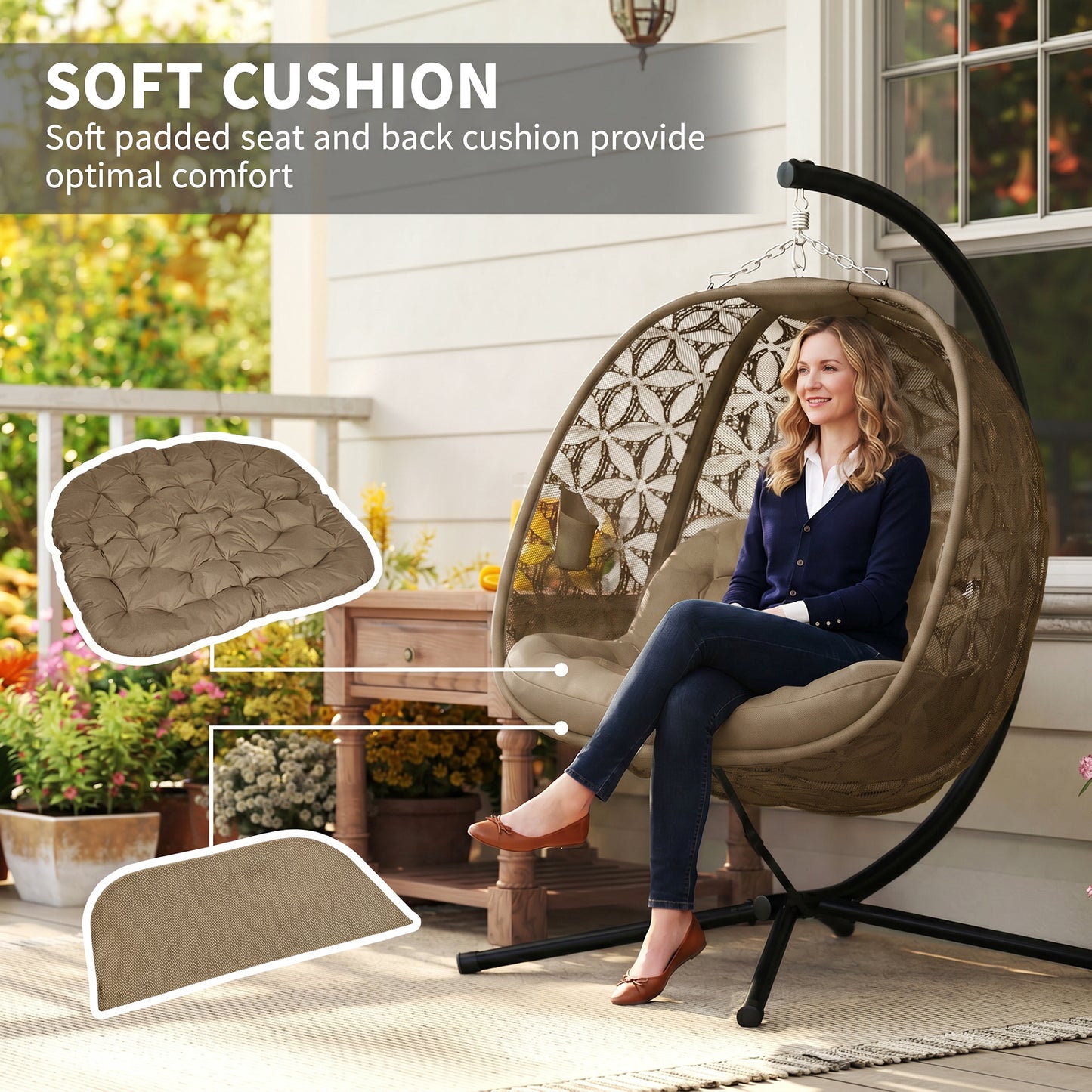 Outsunny Outdoor Double Hanging Chair With Cushion And Cup Holders Sand Brown Sturdy Steel Frame With Four Leg Base