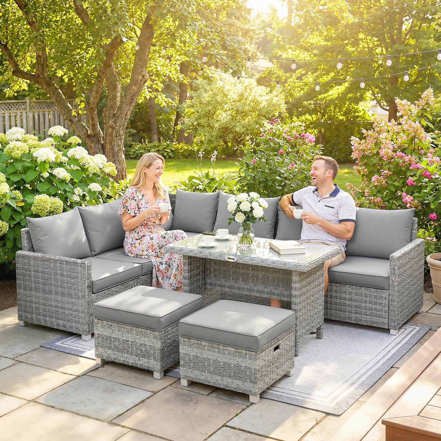Outsunny 6 Seater L Shaped Rattan Garden Furniture Set With 3 Sofas 2 Footstools And Dining Table Grey