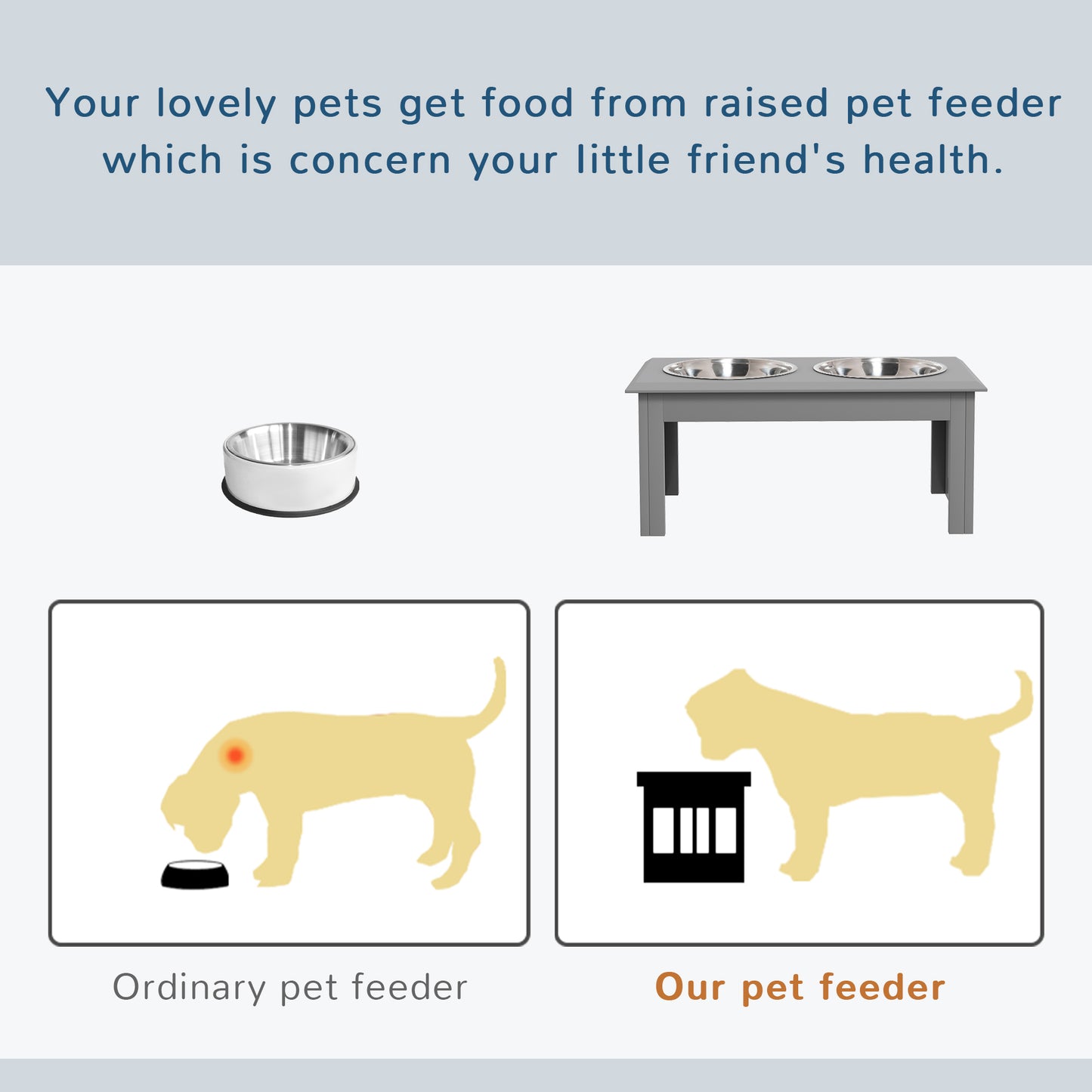 PawHut Elevated Grey Dog Feeding Station with Stainless Steel Bowls for Small and Medium Breeds - ALL4U RETAILER LTD