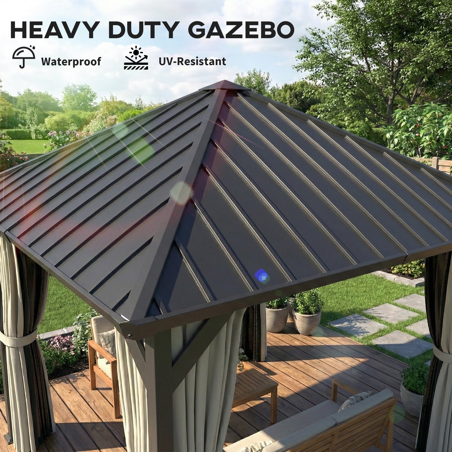 Outsunny 3x3m Hardtop Gazebo With Galvanised Roof And Water Gutter Waterproof Pavilion With Netting Curtains For Patio