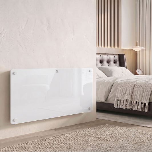 Wall-mounted white panel heater with glossy glass face and four corner screws.