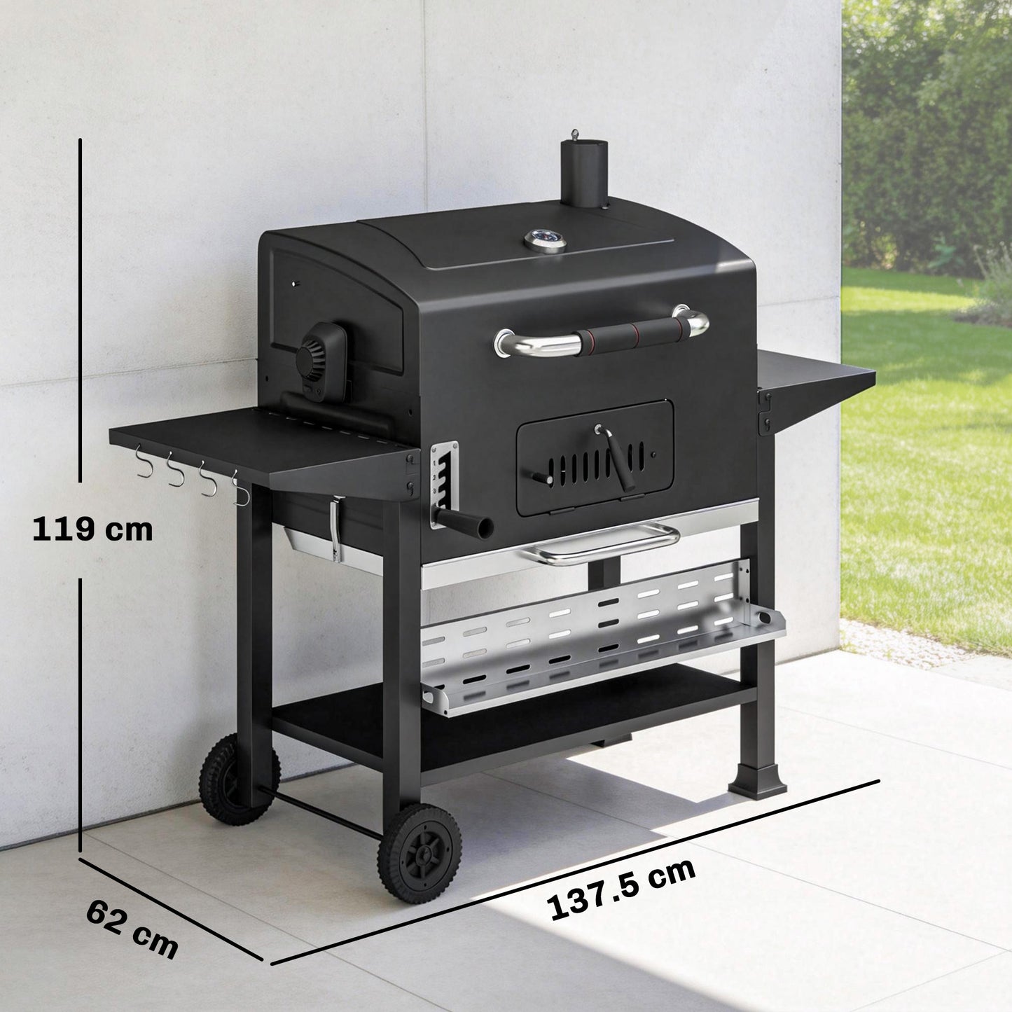 Outsunny Charcoal BBQ Grill Smoker With Electric Rotisserie Kit Portable Barbecue Grill Warming Rack Black