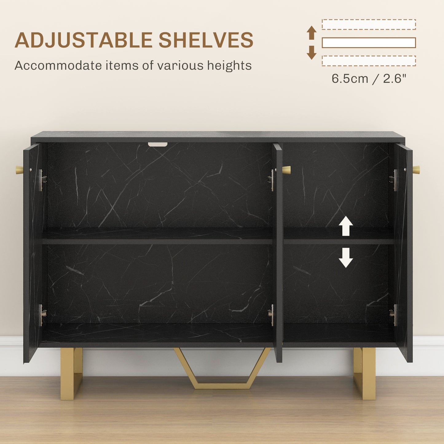 HOMCOM Sideboard Storage Cabinet Modern with Adjustable Shelves and Metal Legs Black Marble Tone for Living Room