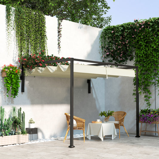 Outsunny 2x3m Lean To Steel Pergola With Retractable Fabric Canopy In Khaki For Outdoor Shade