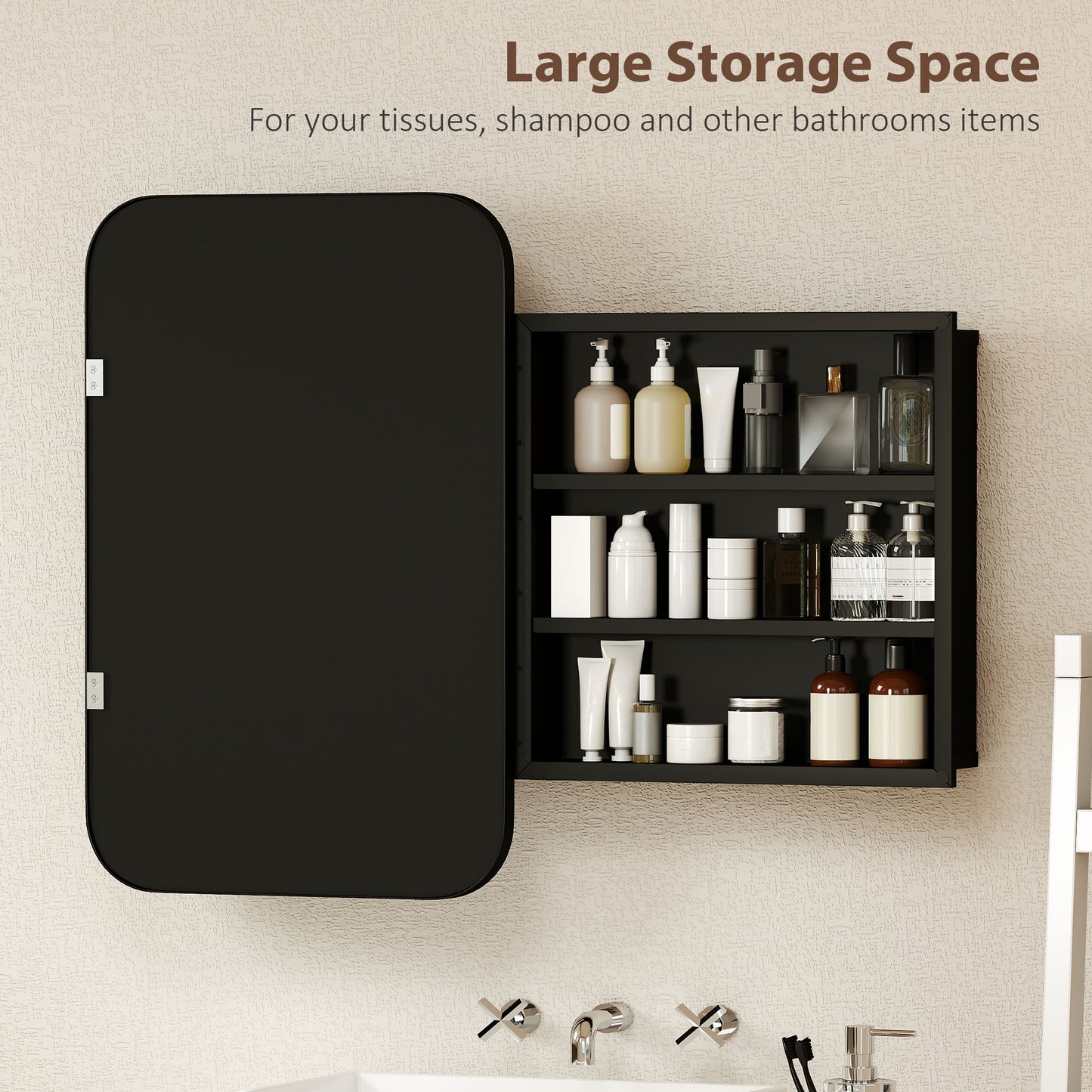 HOMCOM Bathroom Wall Cabinet With Tempered Mirror And Metal Frame For Bathroom Storage 3 Shelves Black