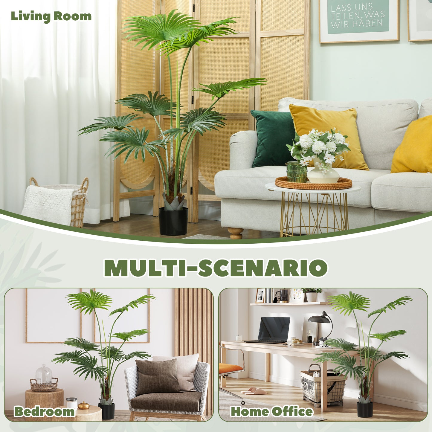 HOMCOM 145cm Artificial Palm Tree With Lifelike PEVA Leaves And Coconut Coir In Plastic Pot For Home Office Decor Green