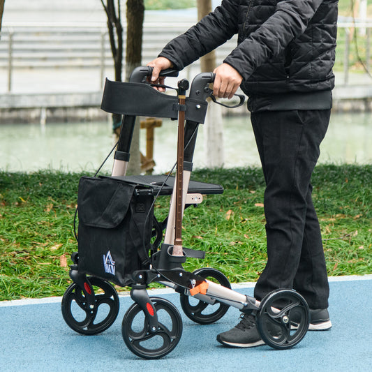 HOMCOM Lightweight Folding Rollator with Seat and Backrest, Adjustable Height Mobility Walker with Dual Brakes and Cane Holder