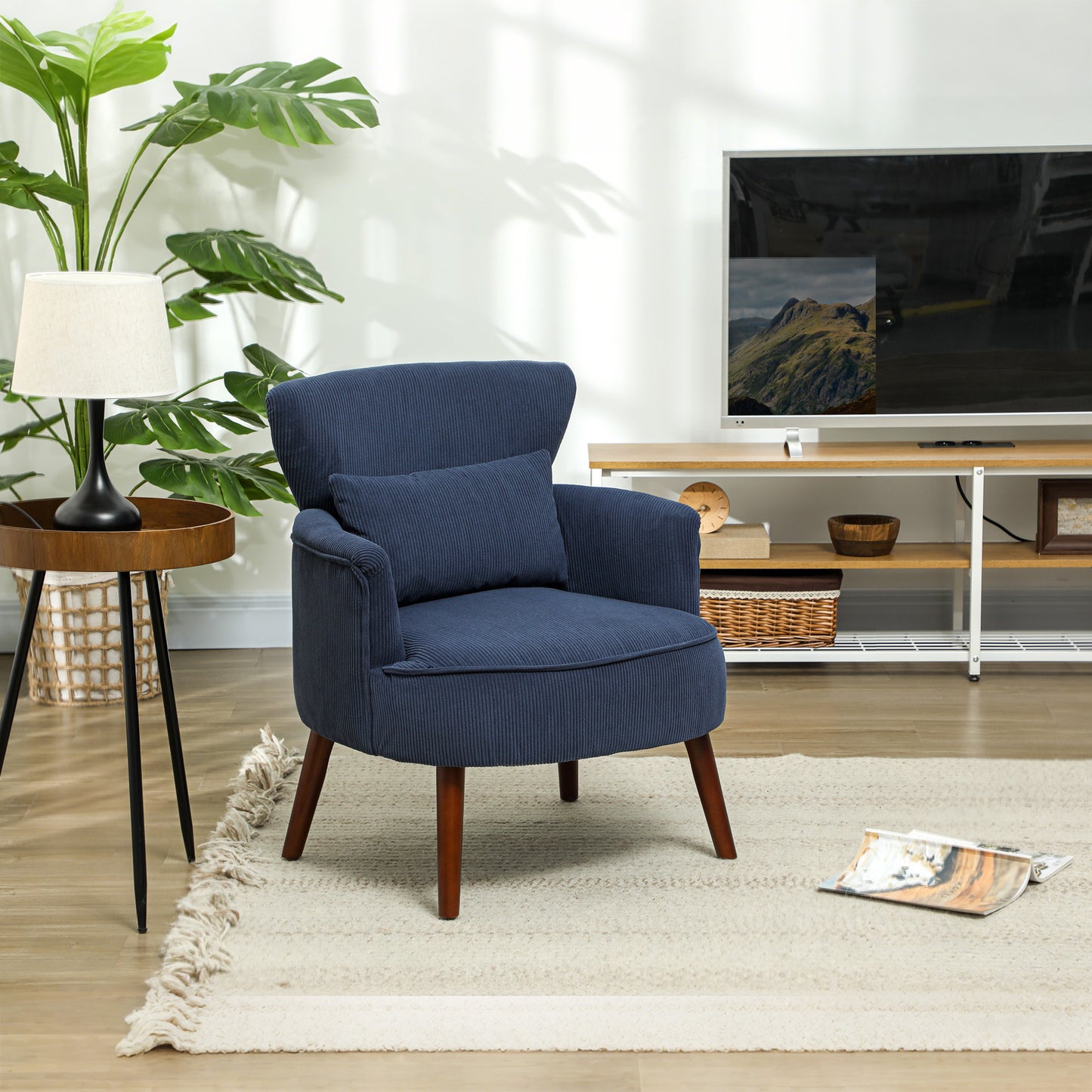 HOMCOM Corduroy Retro Accent Chair Blue Wing Back Armchair for Small Spaces with Comfortable Foam Padding
