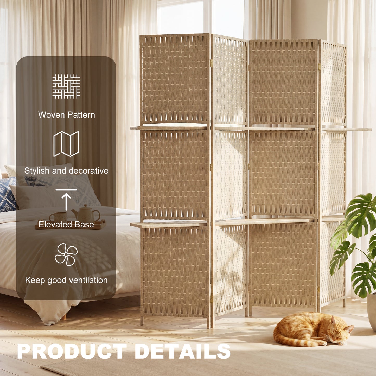 HOMCOM Wave Fibre Freestanding Folding Privacy Screen Panels Room Divider With Shelves Natural Wood Finish