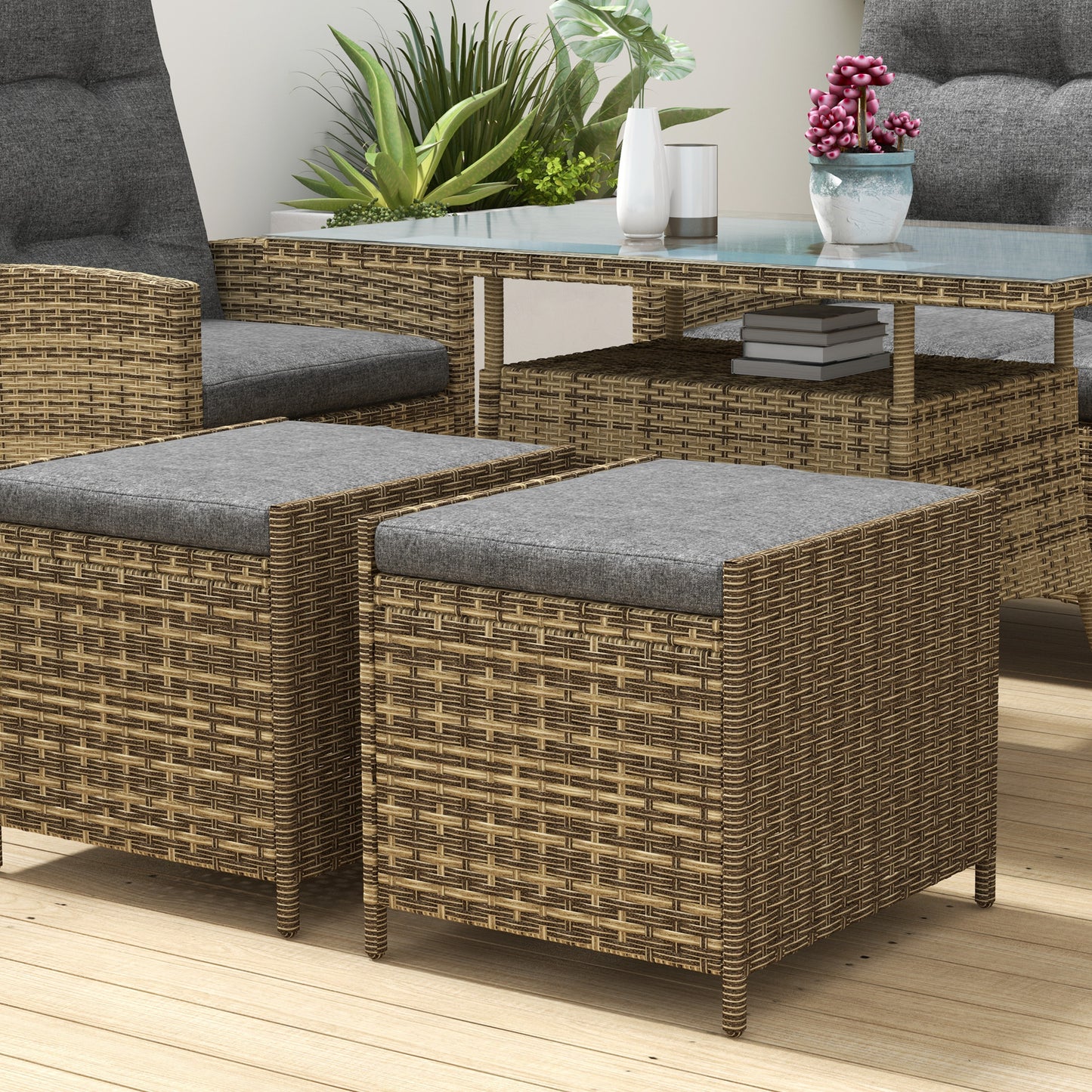 Outsunny Grey Rattan Outdoor Lounge Set with Reclining Chairs and Glass-Top Table - ALL4U RETAILER LTD