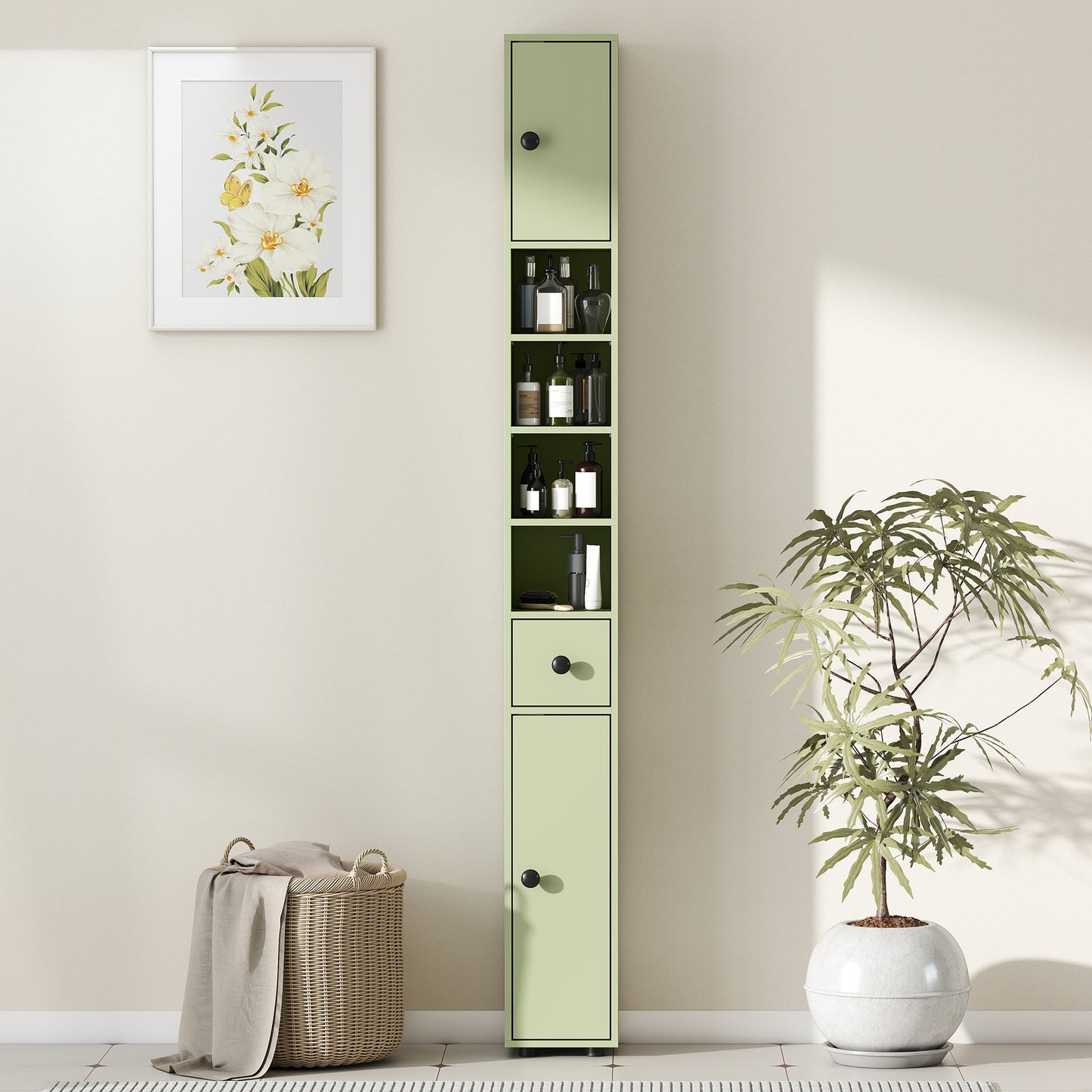 Kleankin 180cm Slim Bathroom Cabinet With Drawer Shelves And Cupboards For Tall Narrow Storage Green