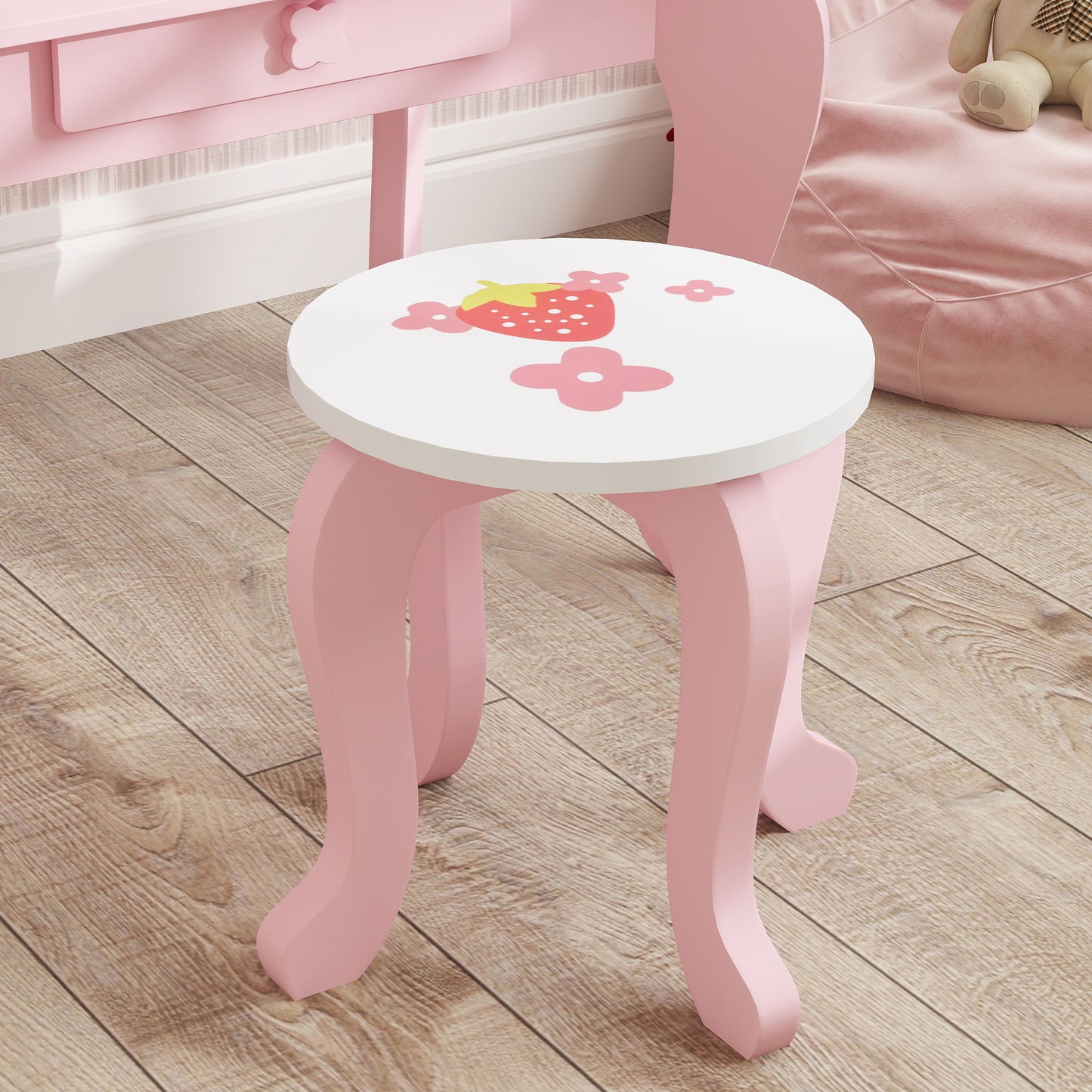 AIYAPLAY Kids Dressing Table Set Vanity With Stool Mirror Drawer Storage Strawberry Theme Pink
