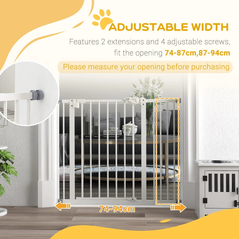 PawHut Metal Adjustable Dog Gate, White, Expands from 74cm to 94cm - Secure Containment for Pets, Easy Installation - Ideal for Home Safety - ALL4U RETAILER LTD