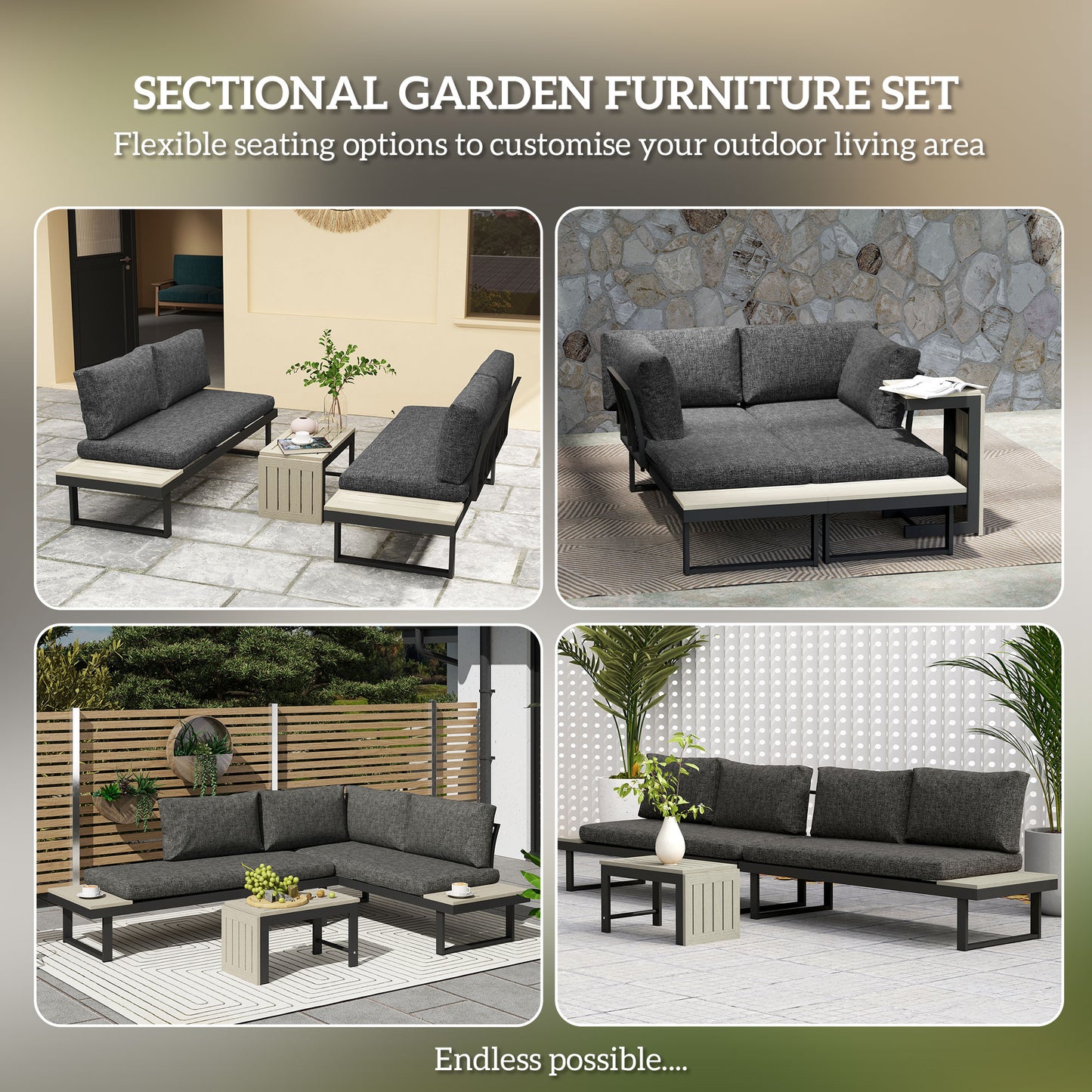 Outsunny 4 Seater L Shaped Aluminium Garden Furniture Set With 2 Loveseats And Wood Plastic Coffee Table Dark Grey