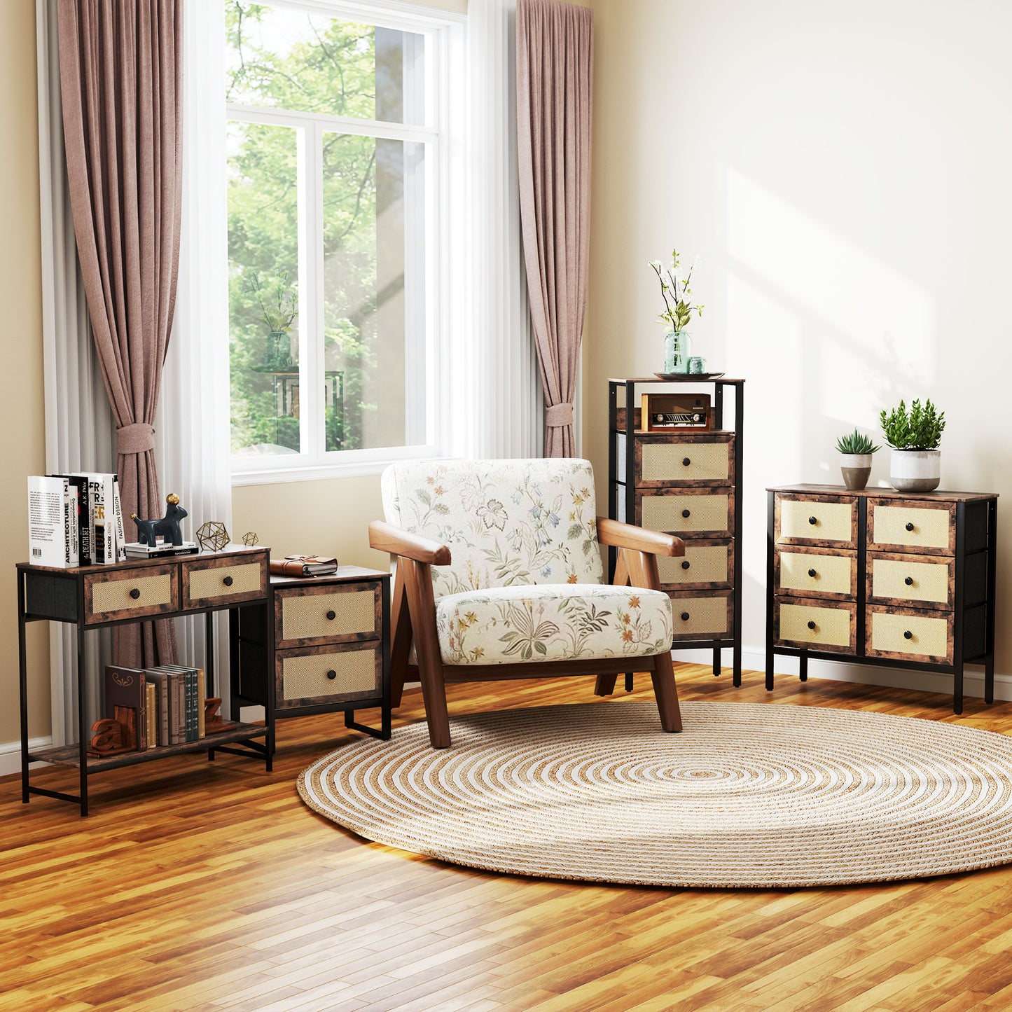 HOMCOM Industrial Natural Bedside Table Set of 2 Brown With Two Drawers and Woven Panels