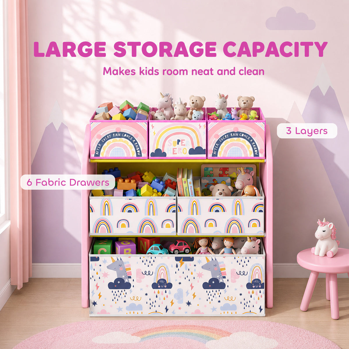 Pink 3-tier toy storage rack with six fabric drawers, rainbow arches and animal print fronts