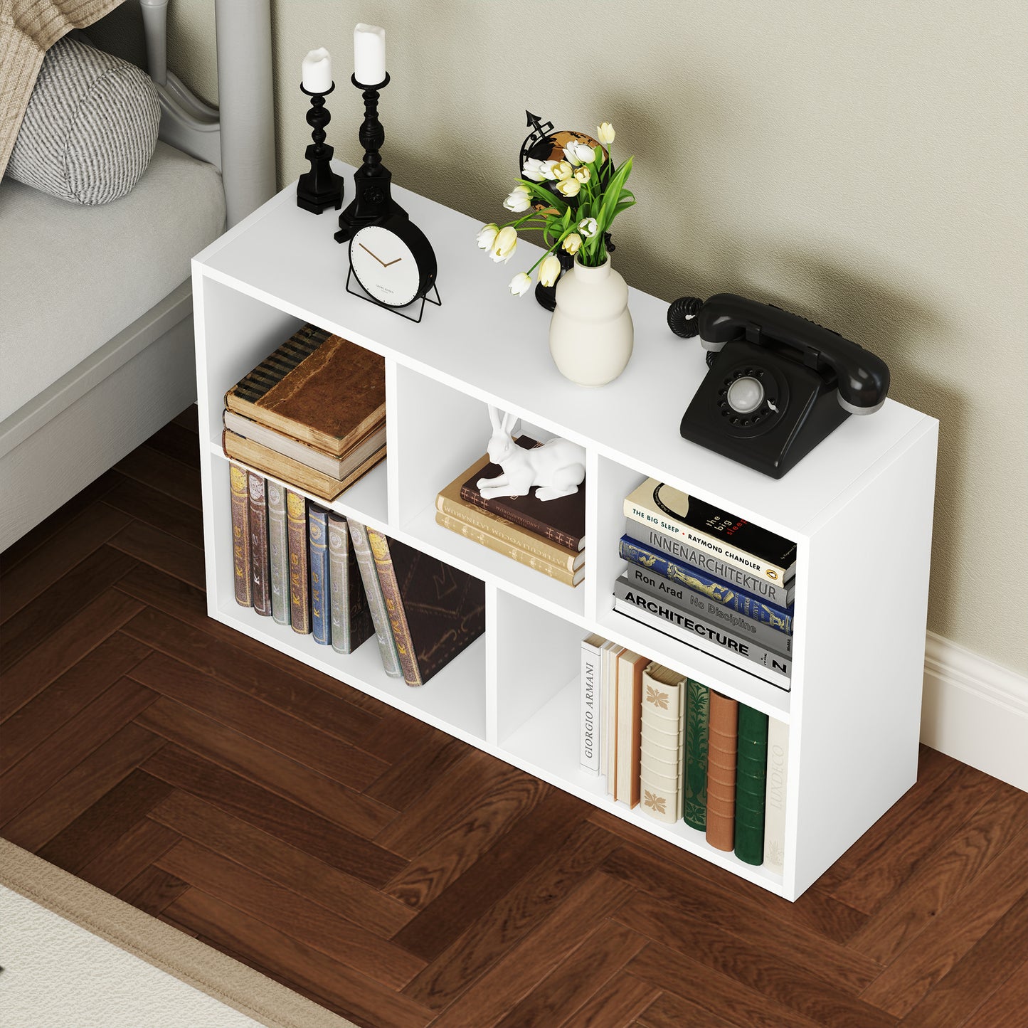 HOMCOM Two Tier Bookshelf With Five Compartments White Modern Open Storage Shelving Unit For Living Room