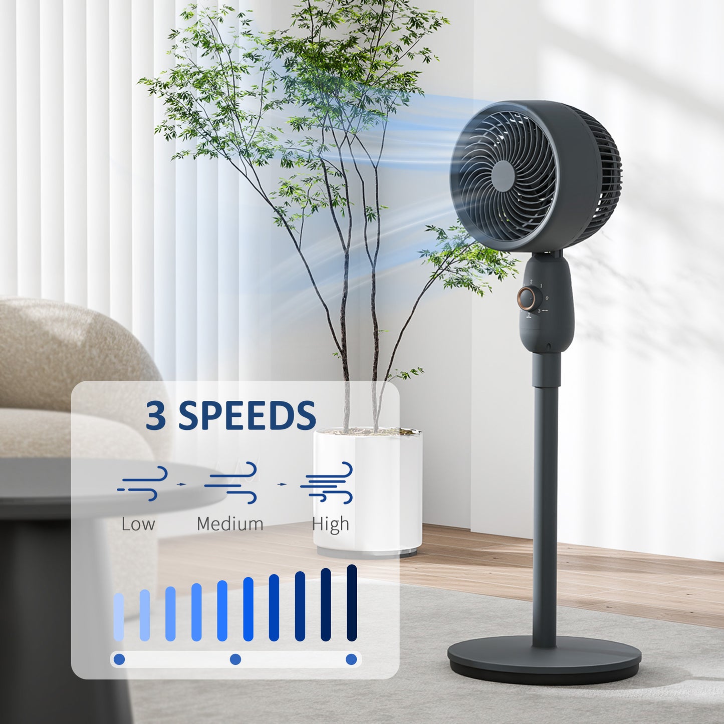 HOMCOM 12 Inch Pedestal Fan With 3 Speeds, Oscillating Floor Standing Air Circulator For Bedroom Office Grey