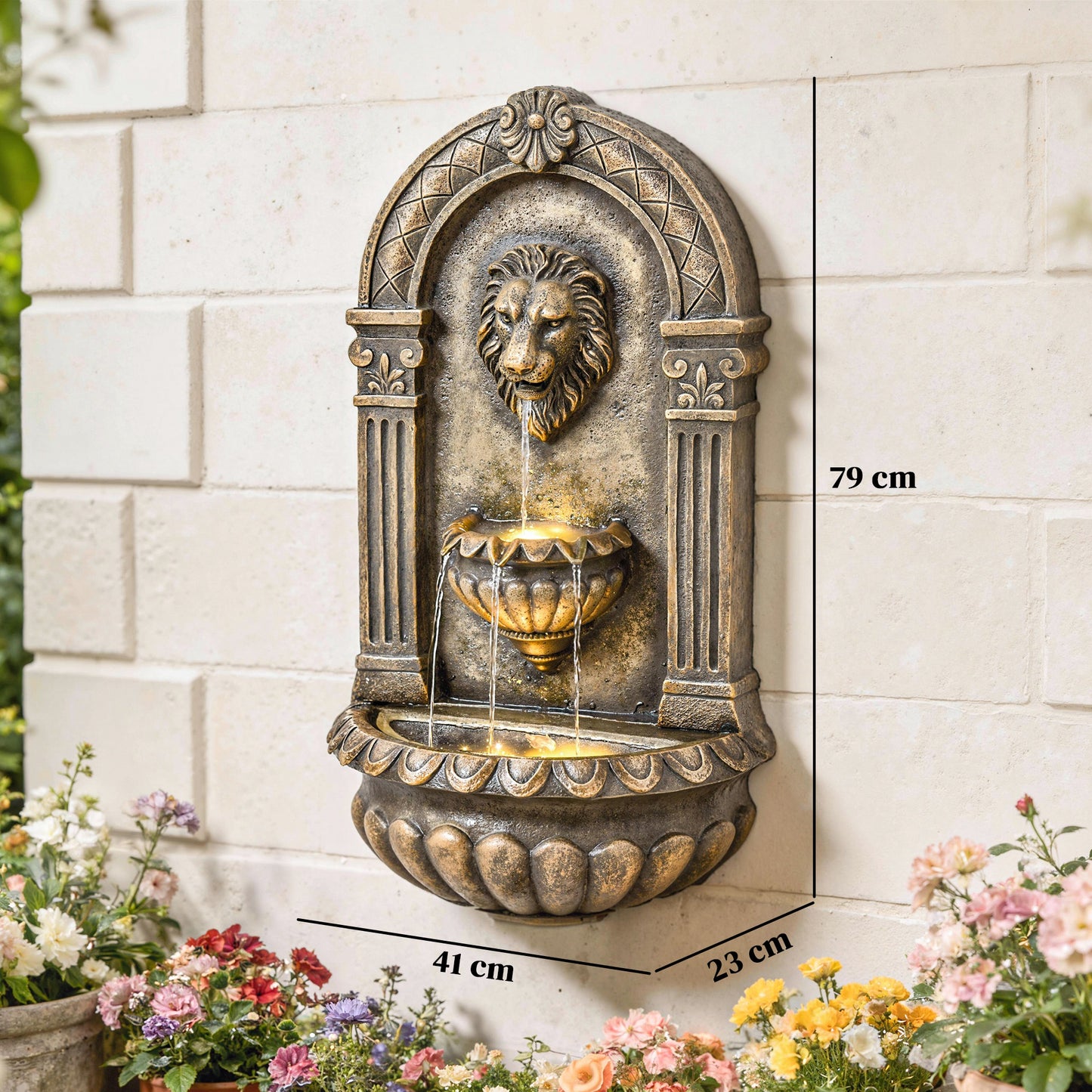 Outsunny Wall Mounted Water Fountain 3 Tier Cascading Waterfall LED Lights And Adjustable Flow For Patio Rustic Brown