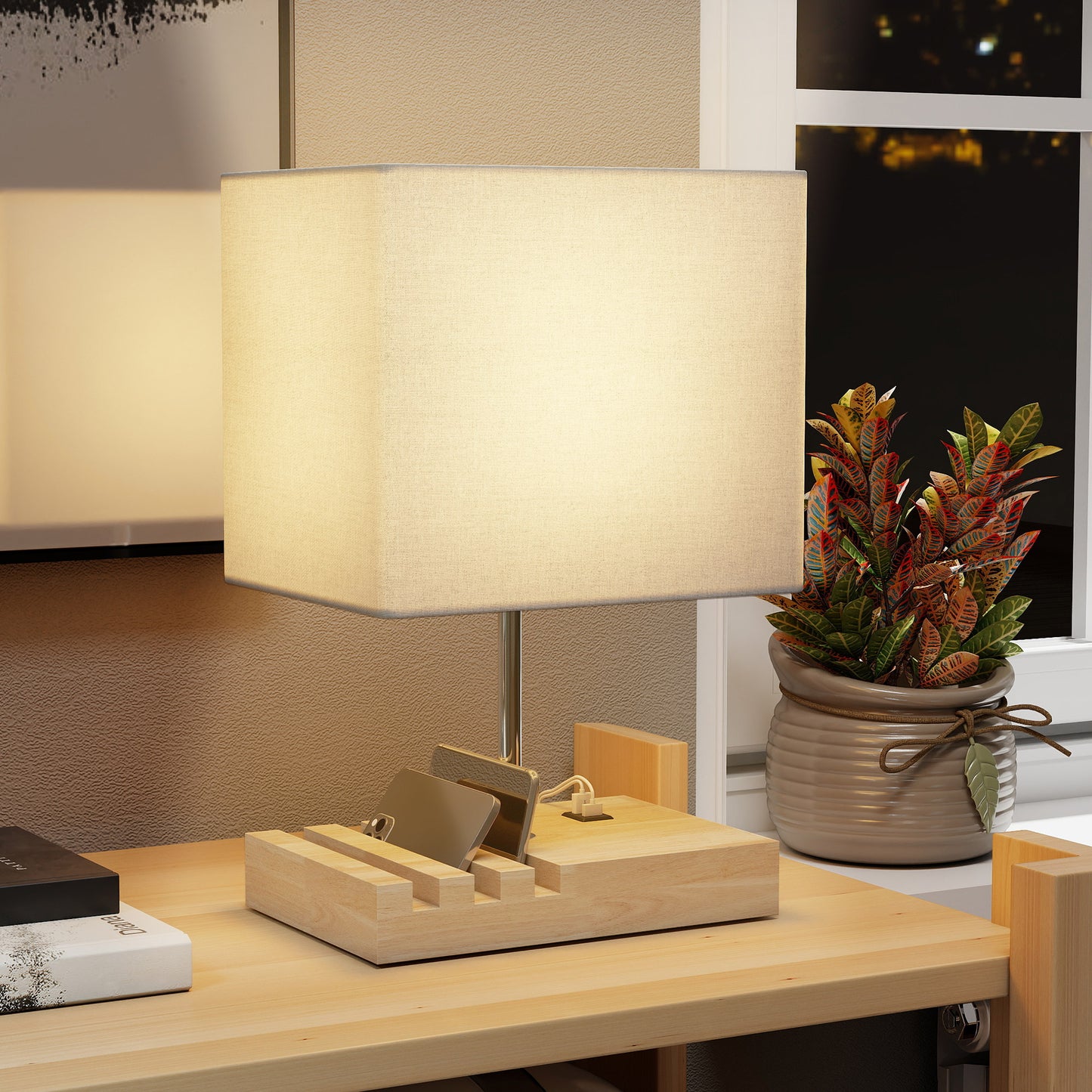 HOMCOM Bedside Lamp With USB A C Ports And Three Phone Stands, Modern Wood Base Fabric Shade E27 Socket, White