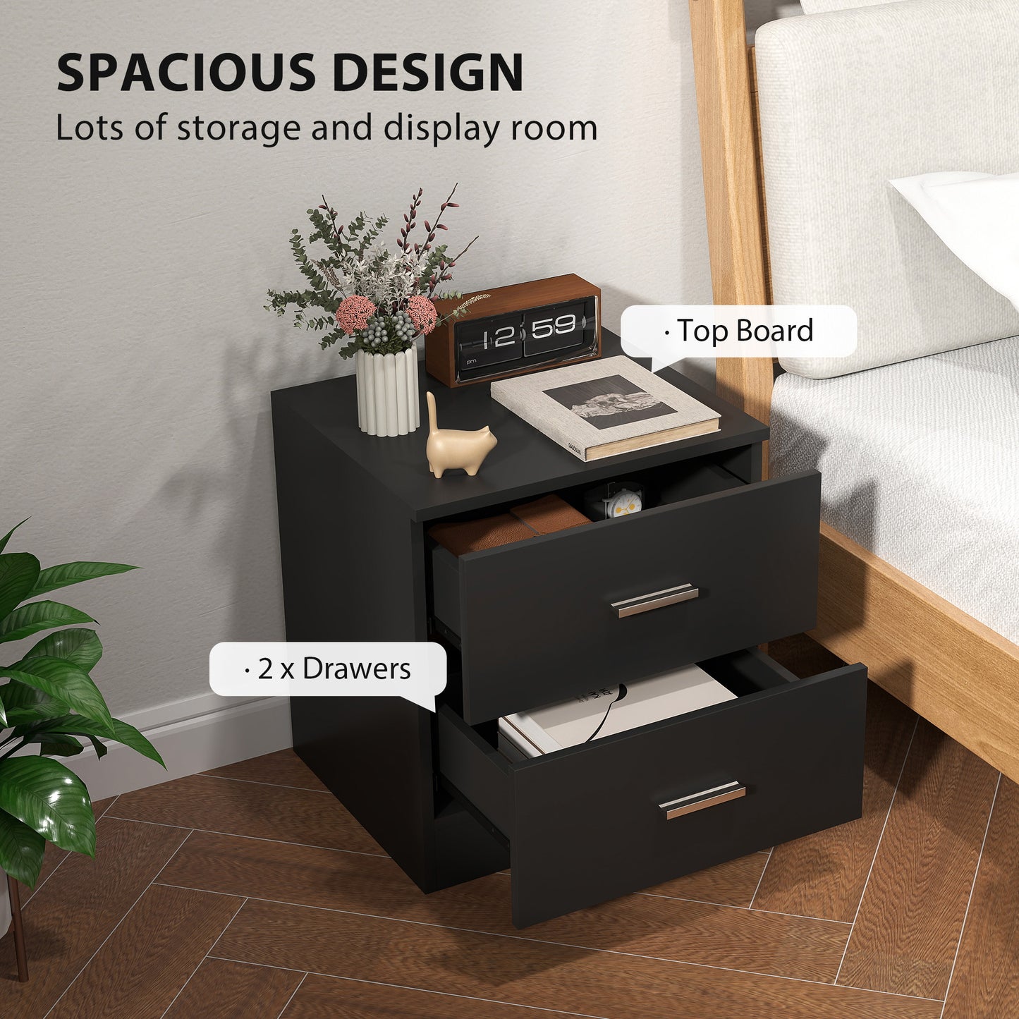 HOMCOM Modern Bedside Table With Two Drawers Black For Bedroom And Living Room Ideal Nightstand