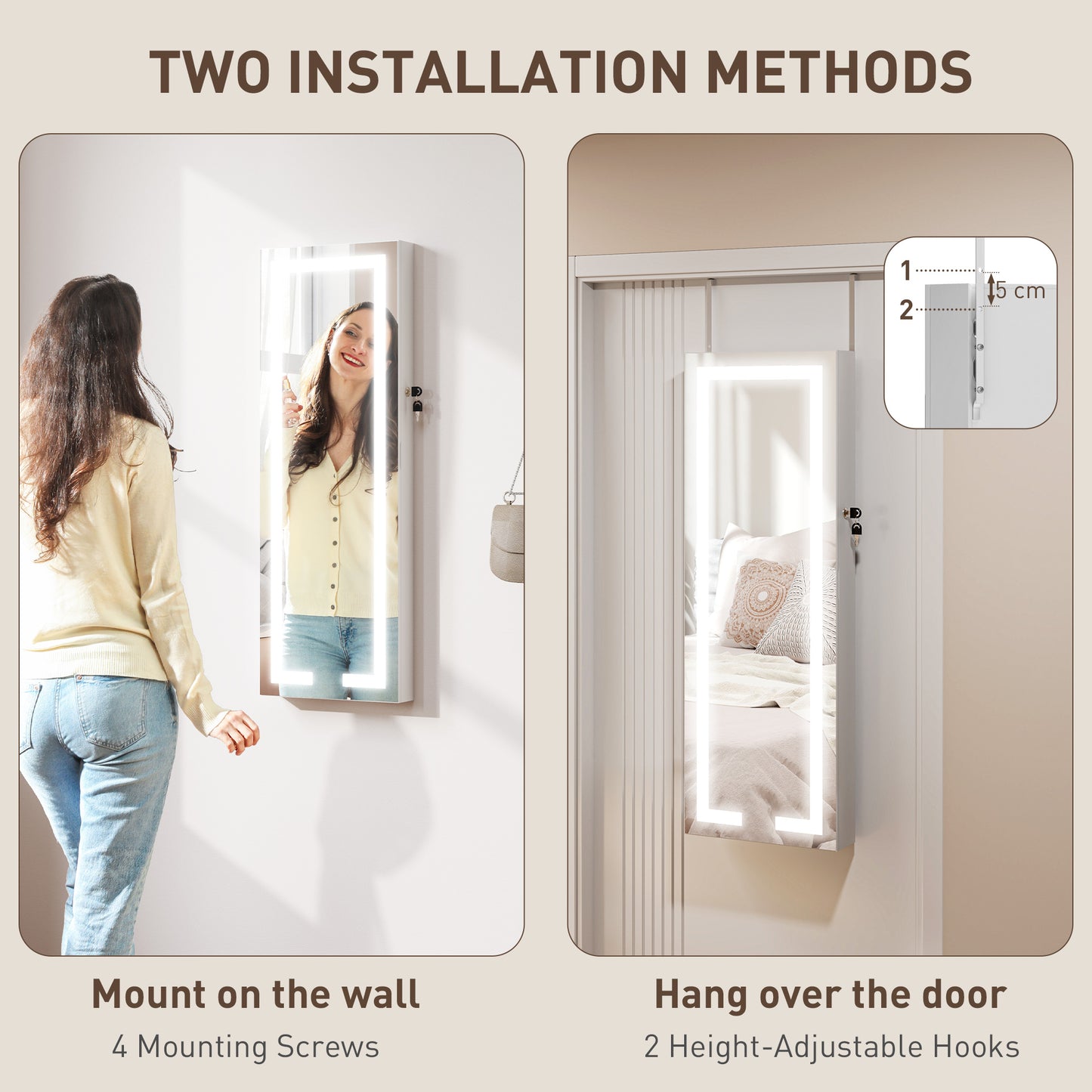 HOMCOM LED Mirror Jewellery Cabinet Wall Mounted Full Length Mirror With Storage Lockable Jewellery Organiser White
