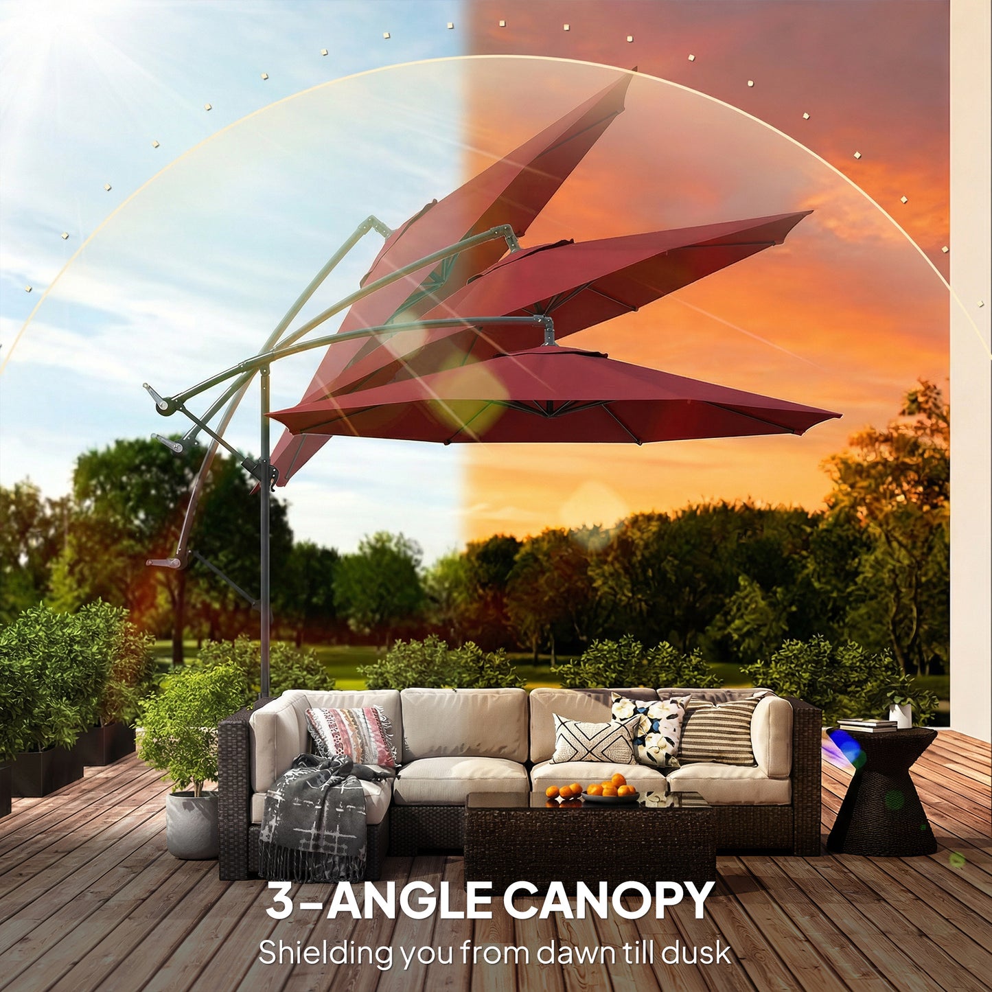 Outsunny 3 M Overhanging Cantilever Parasol With Cross Base In Wine Red UV Resistant