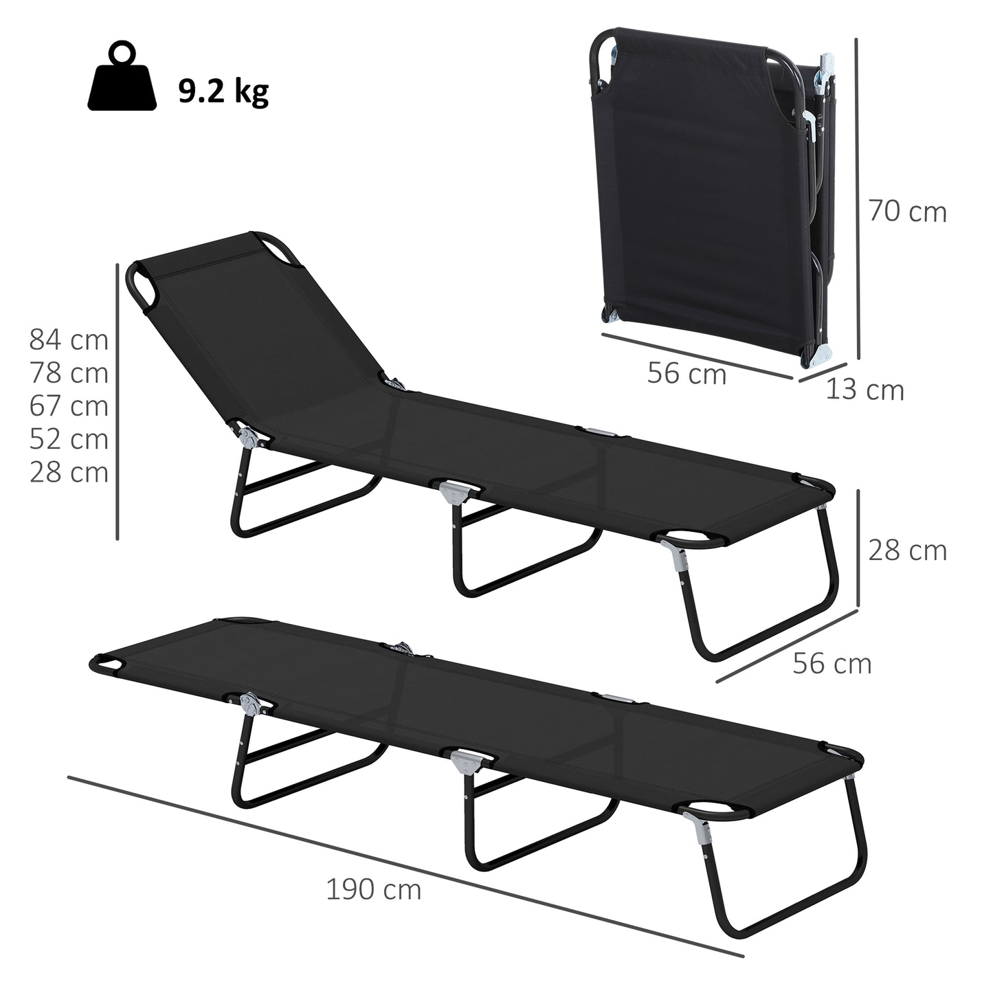 Outsunny Garden Sun Lounger With Five Position Backrest Adjustable Folding Black Metal Frame
