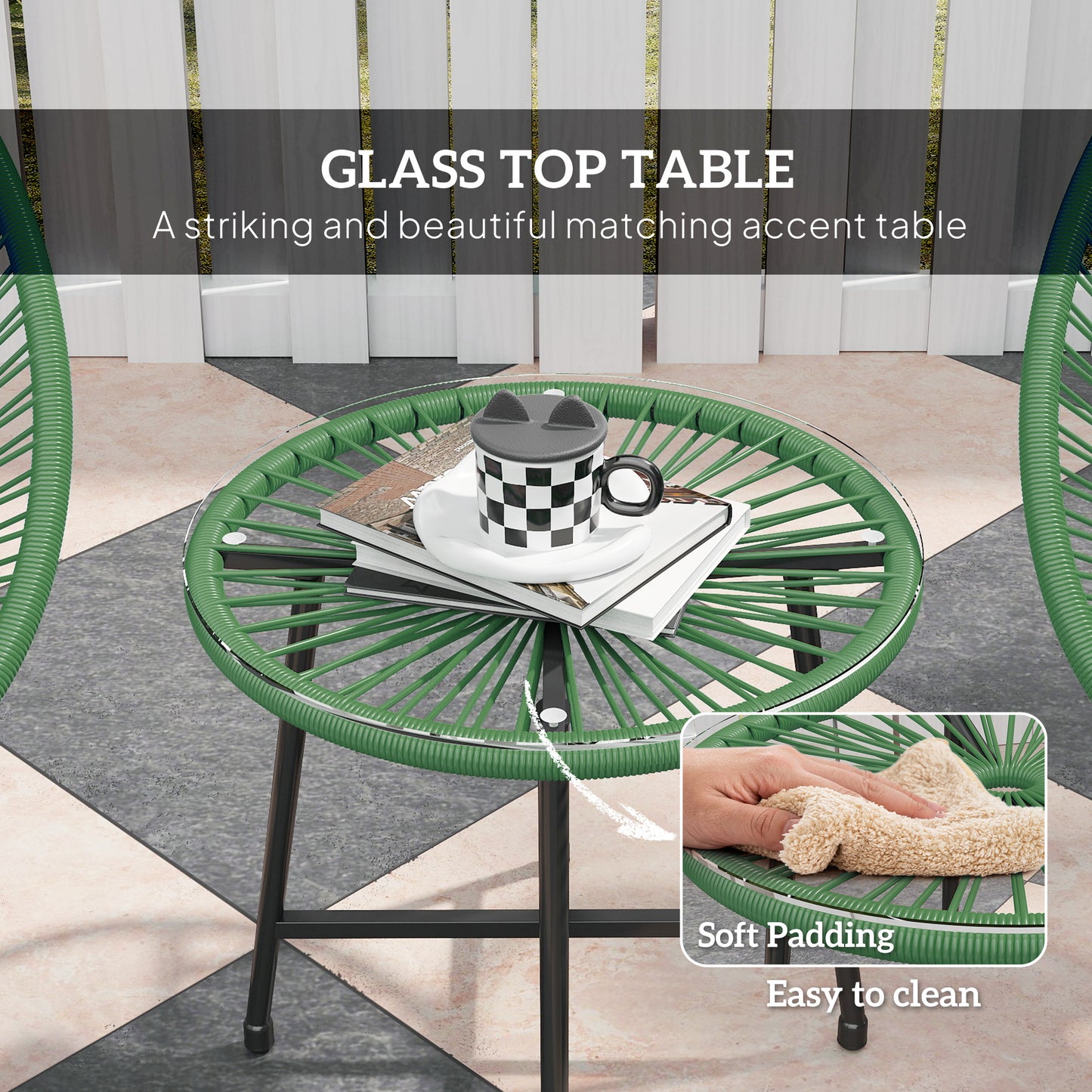 Outsunny Rattan Bistro Set with Acapulco Chairs and Glass Table in Green for Outdoor Patio Garden