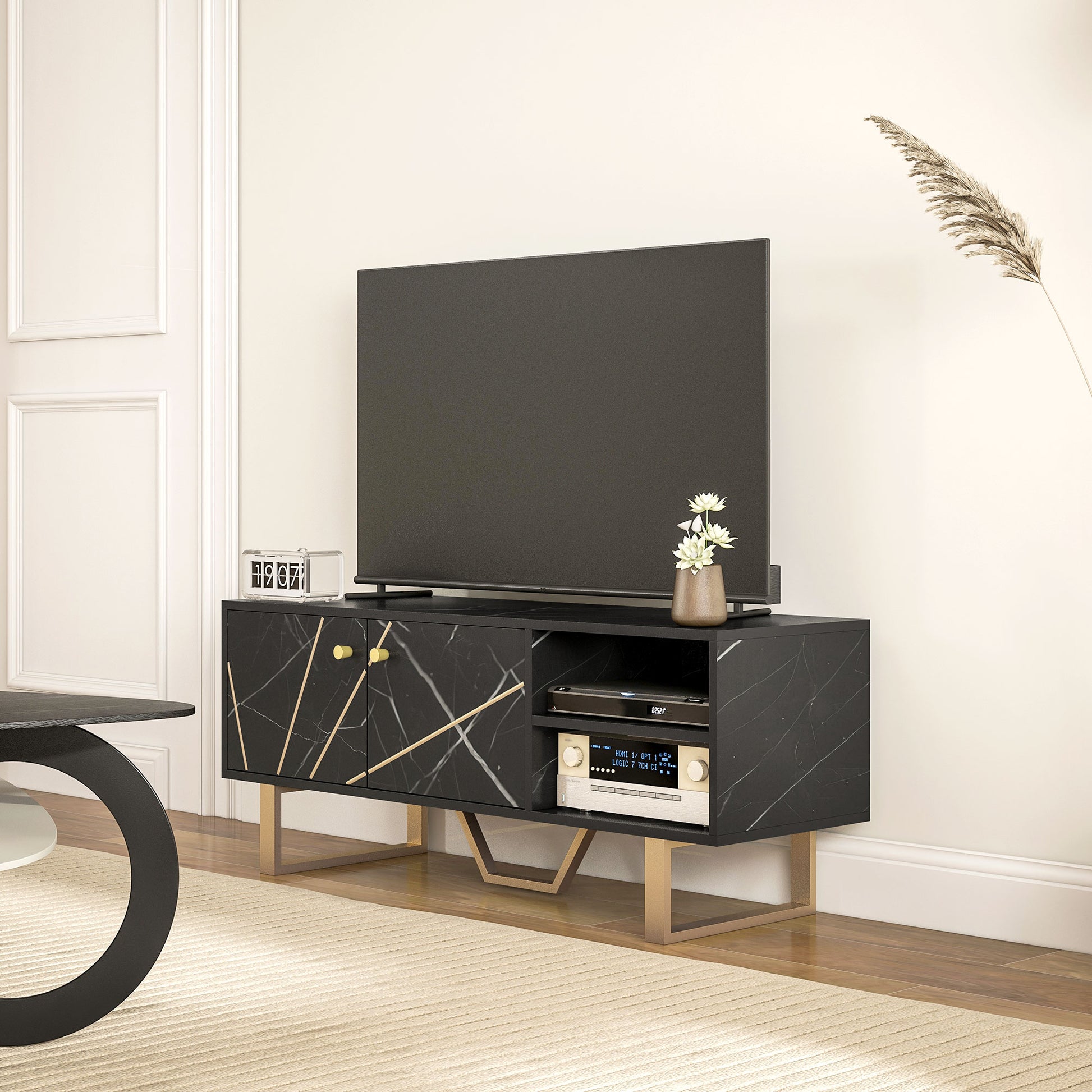 Modern Black Marble TV Stand with Storage for 50-Inch TVs, Versatile Living Room Unit - ALL4U RETAILER LTD