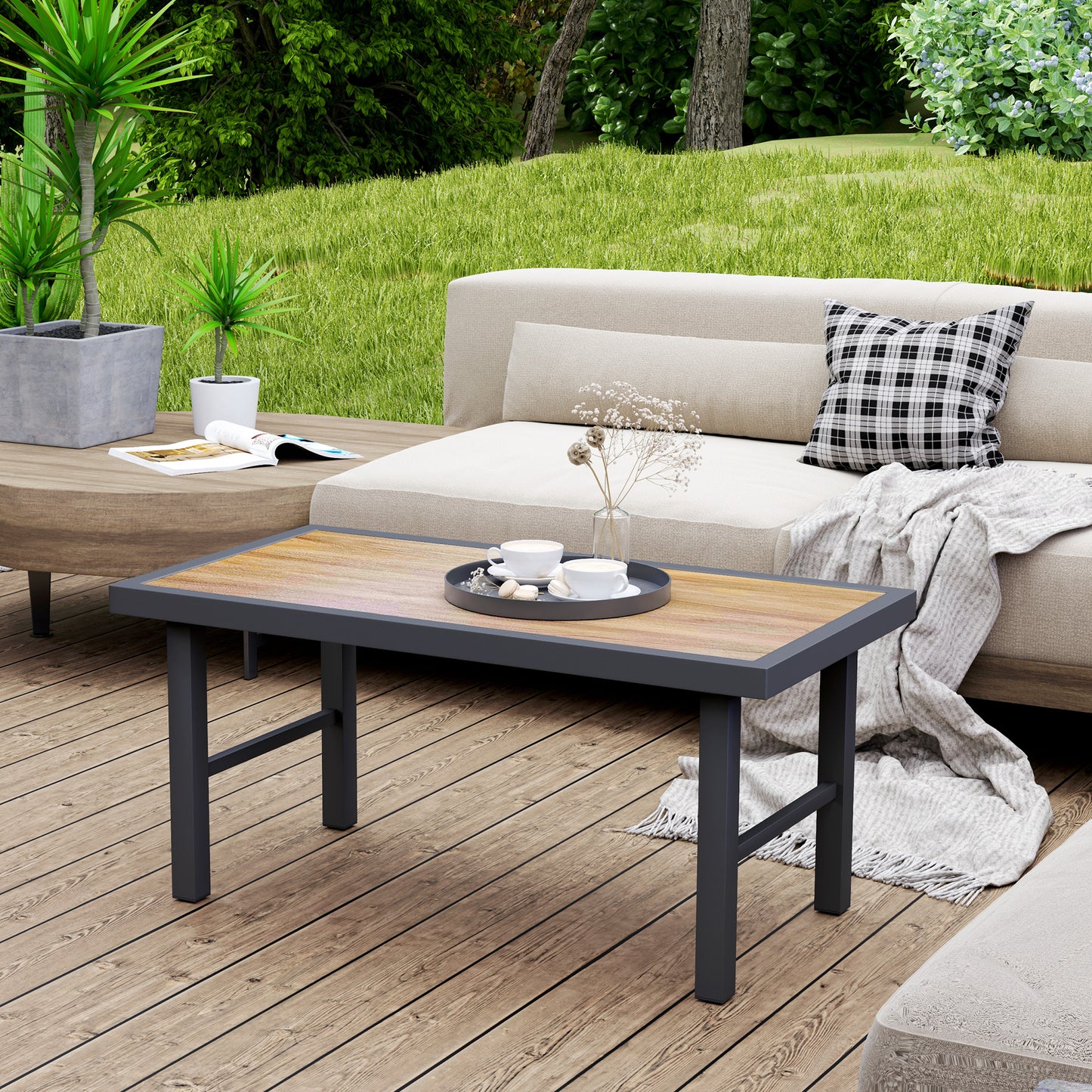 Outsunny Metal Garden Coffee Table With SPC Woodgrain Tabletop Outdoor Side Table 100 x 53 x 46 cm Brown