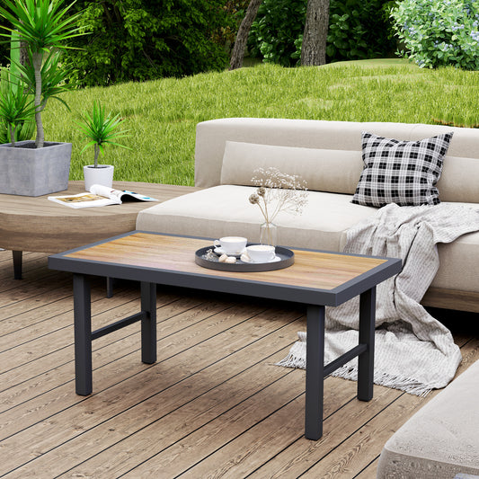 Outsunny Metal Garden Coffee Table With SPC Woodgrain Tabletop Outdoor Side Table 100 x 53 x 46 cm Brown