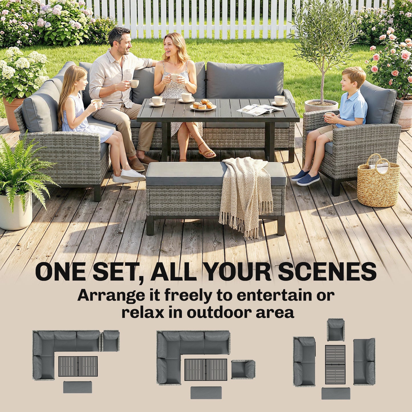 Outsunny 9 Seater Rattan Garden Corner Sofa Set Outdoor Dining Set With Faux Wood Table Ottoman And Cushions Dark Grey