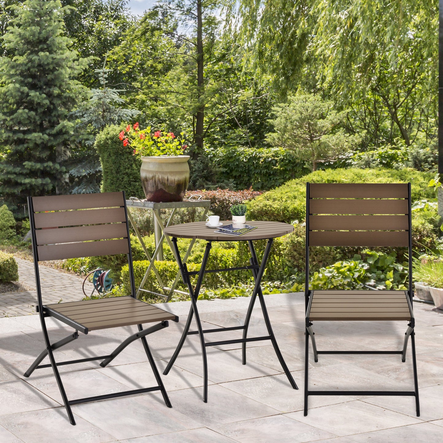 Outsunny Compact 3-Piece Folding Bistro Set with Metal Frame and Slatted Plastic Panels - Black & Brown Garden Dining Furniture - ALL4U RETAILER LTD