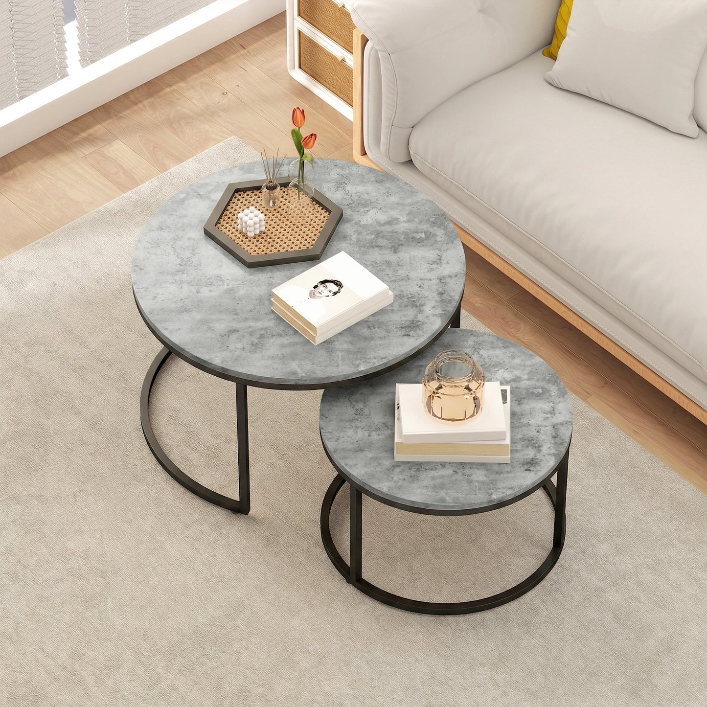 HOMCOM Cement Effect Stacking Tables Two Piece Set In Grey For Space Saving Overlapping Design