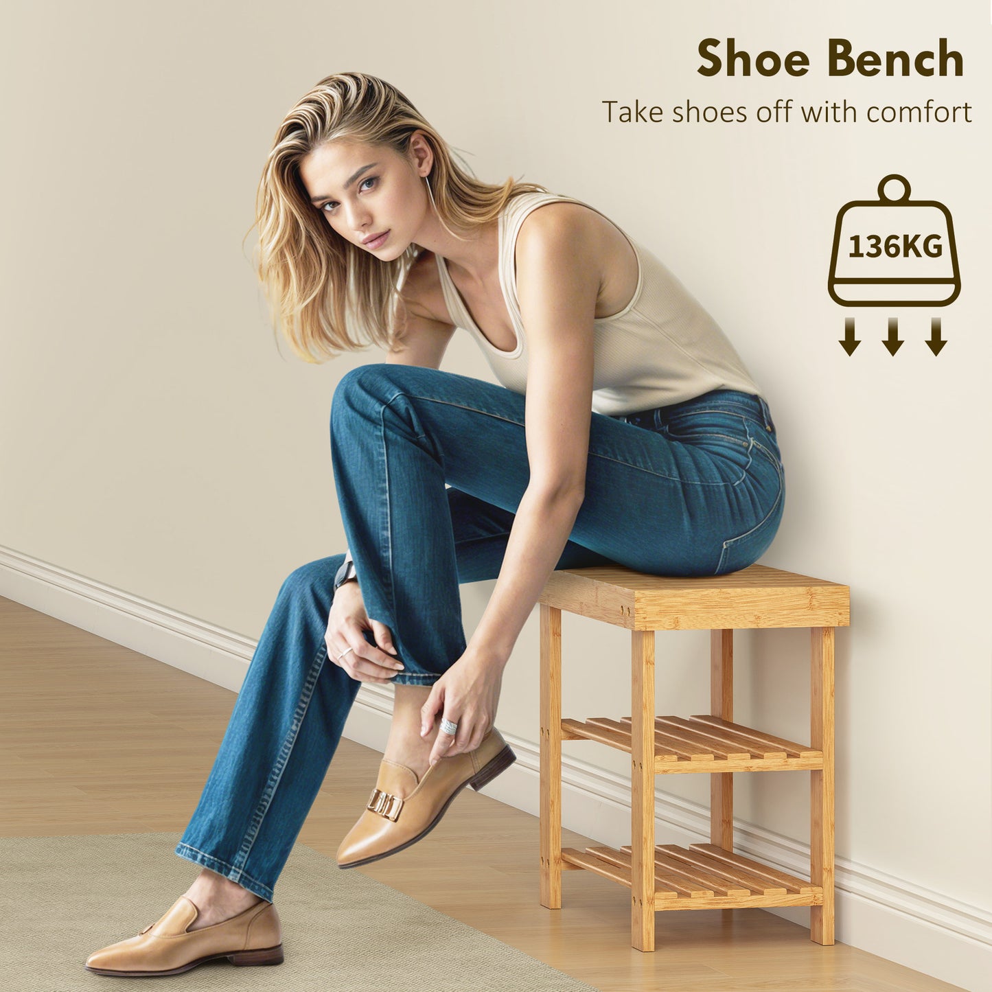 HOMCOM Two Shelf Bamboo Shoe Storage Bench in Natural Finish Holds Four Pairs of Shoes