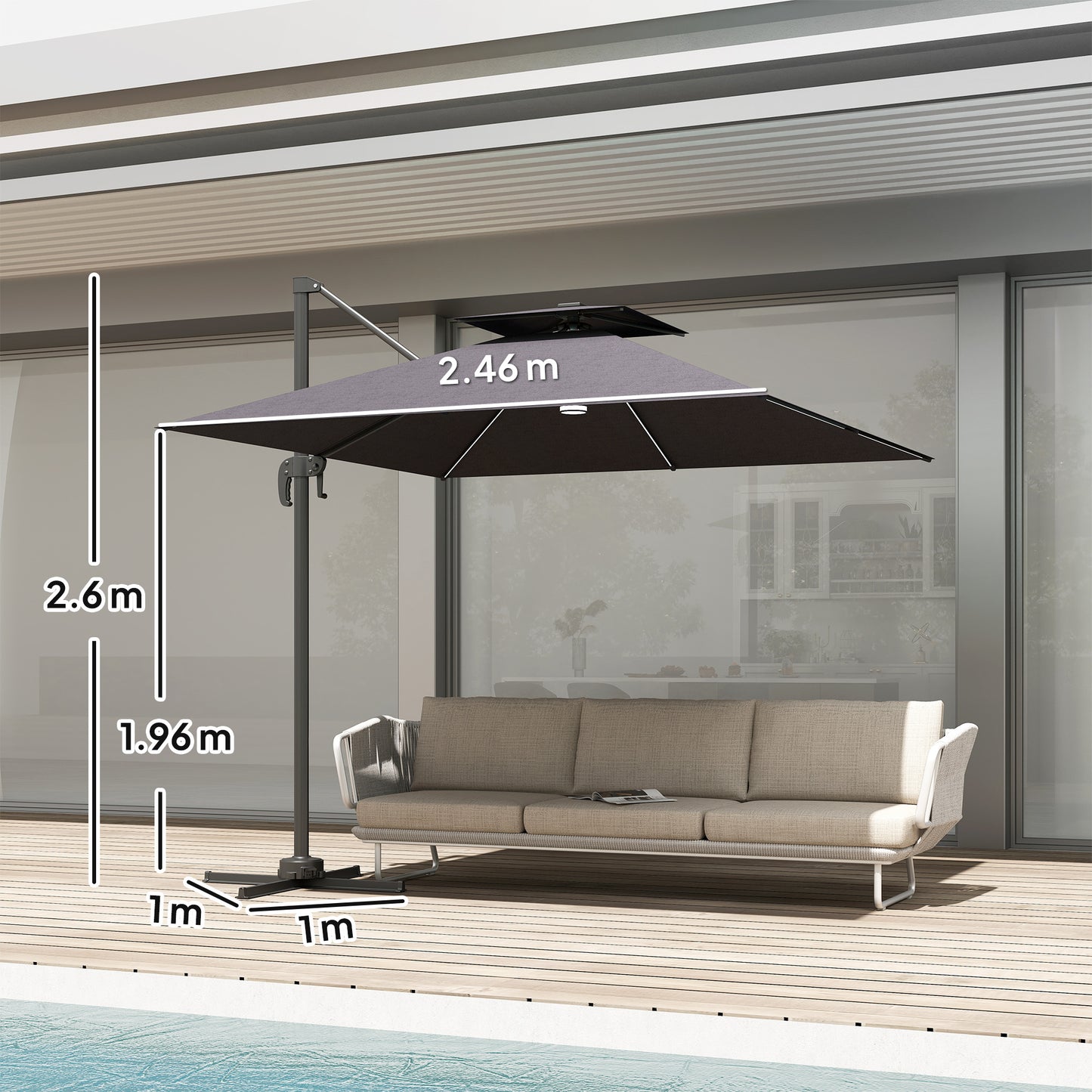 Outsunny 2.5m Cantilever Parasol With Solar LED Lights 360 Degree Rotation Tilt Adjustment Crank Handle Dark Grey