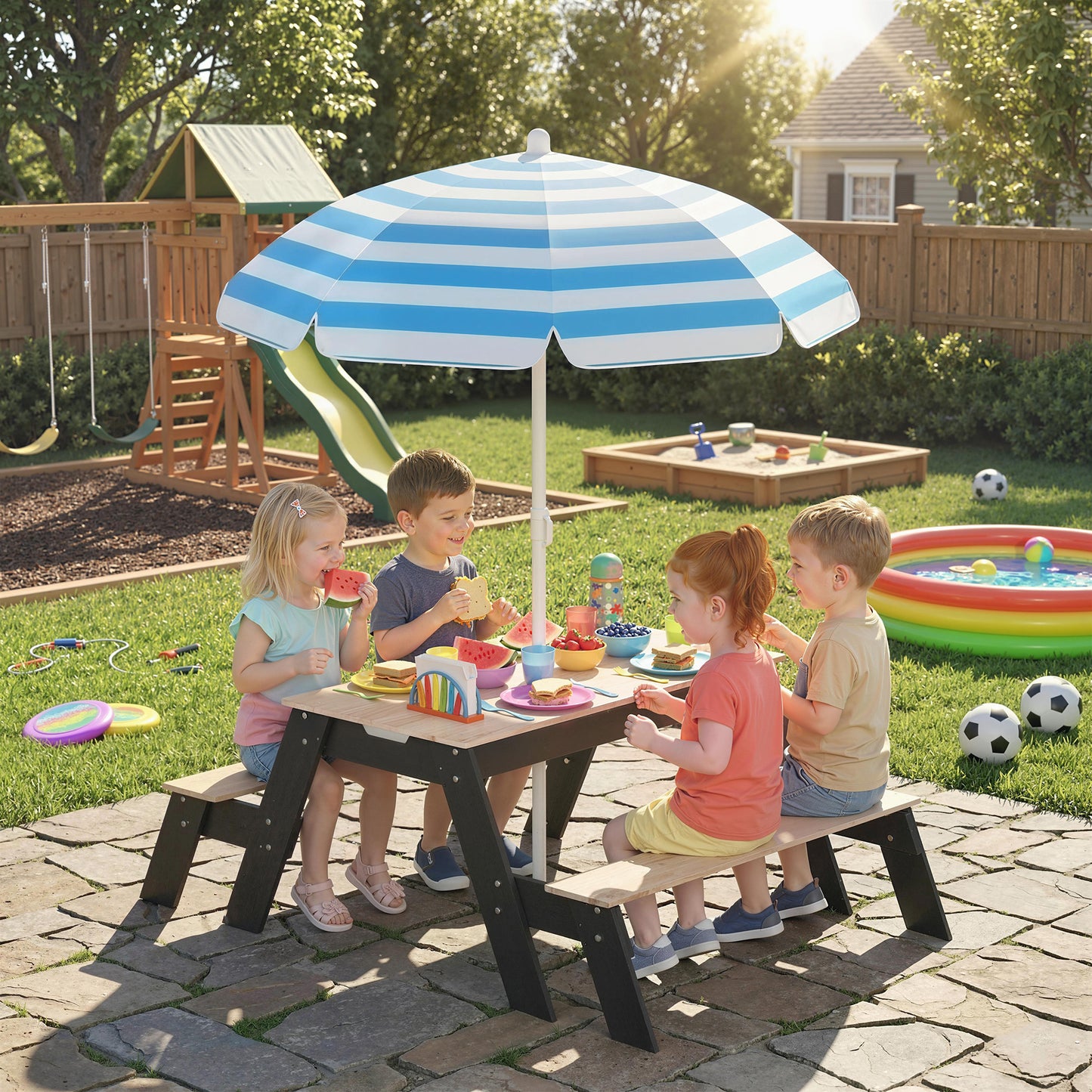 AIYAPLAY 3 In 1 Wooden Sand And Water Table Parasol Kids Garden Furniture Hidden Storage Boxes For Patio Ages 3 To 6