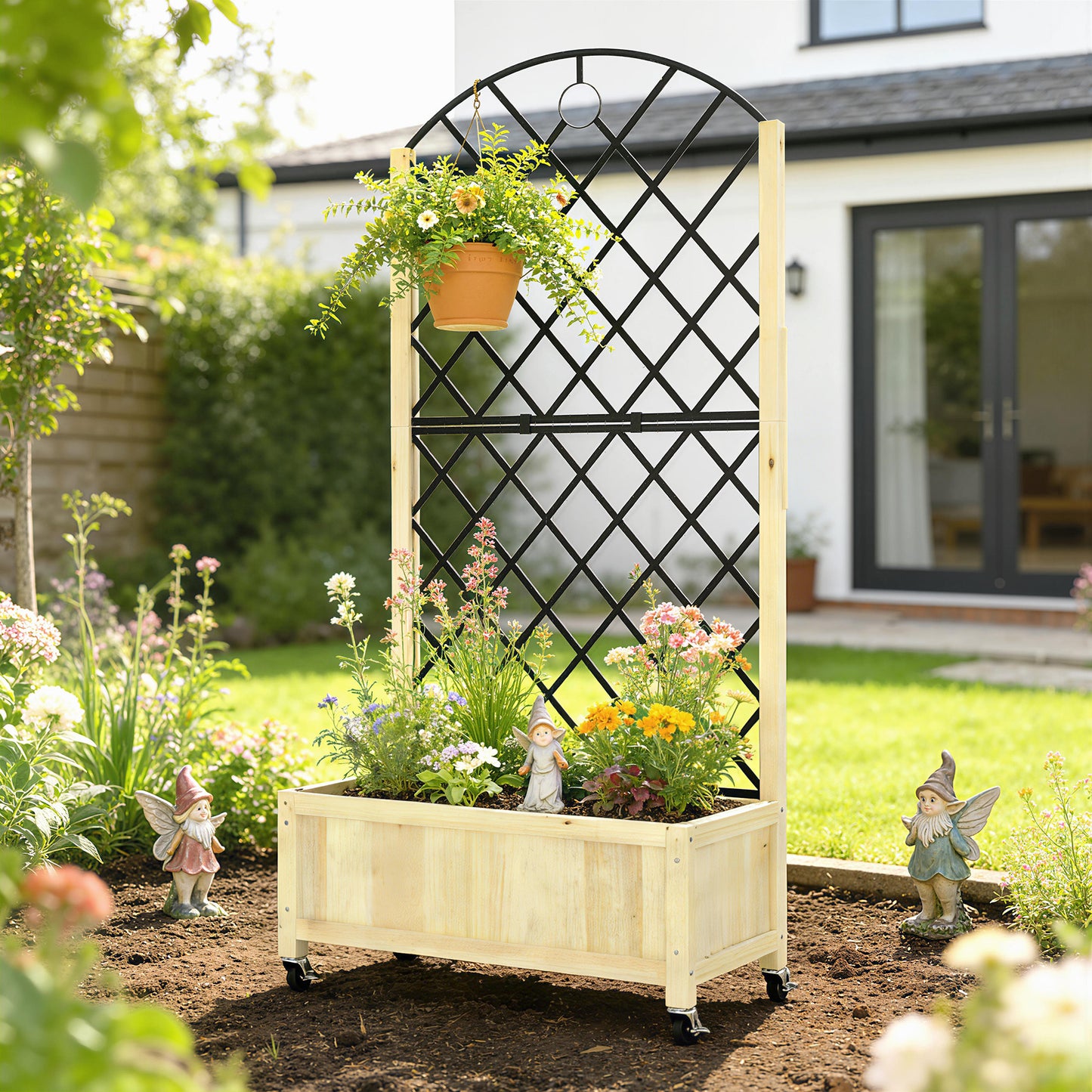 Outsunny Raised Garden Bed With Metal Trellis Wooden Elevated Planter Box On Lockable Wheels Outdoor Natural