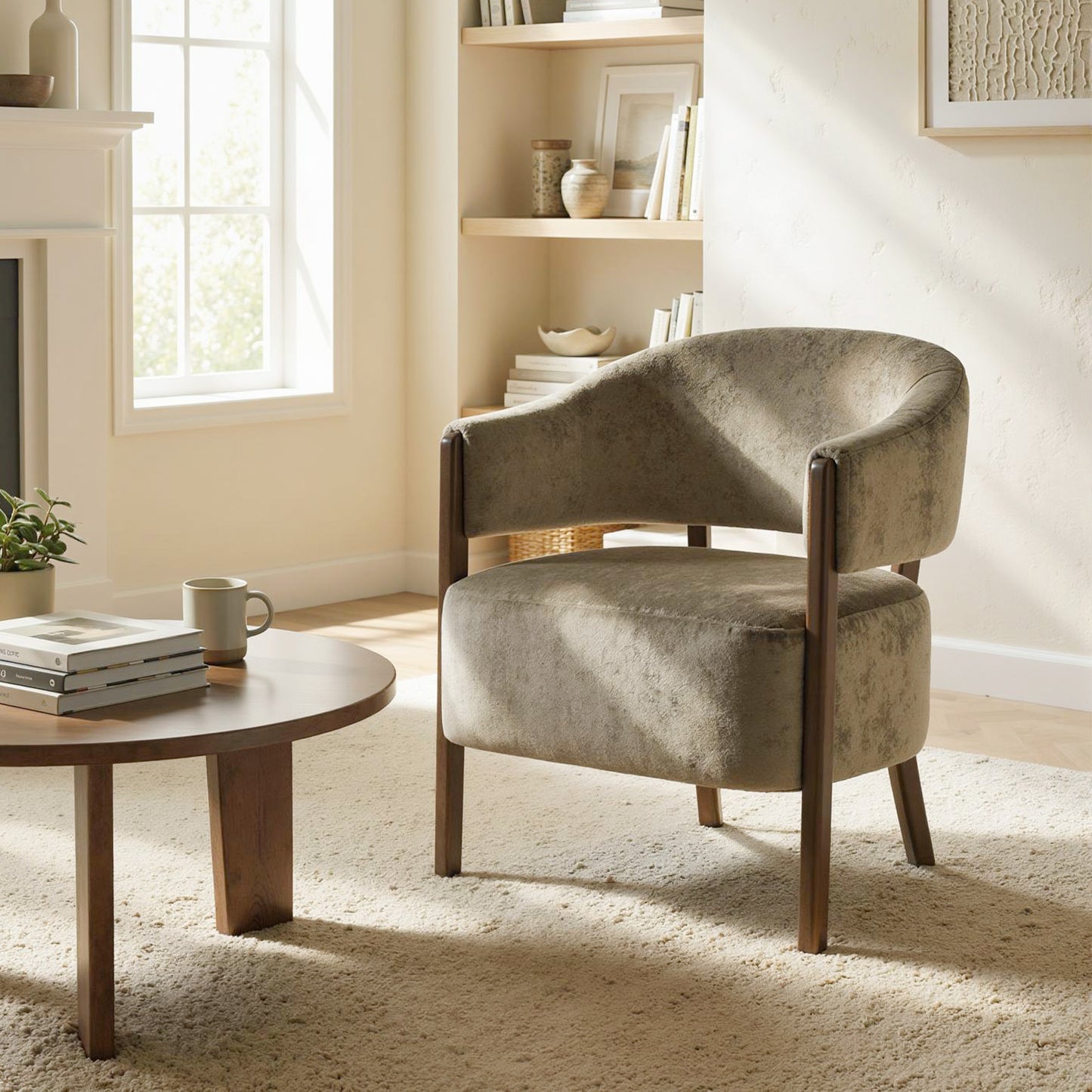 HOMCOM Accent Chair Upholstered Tub Chair With Solid Wood Frame And Legs In Light Brown Chenille Fabric