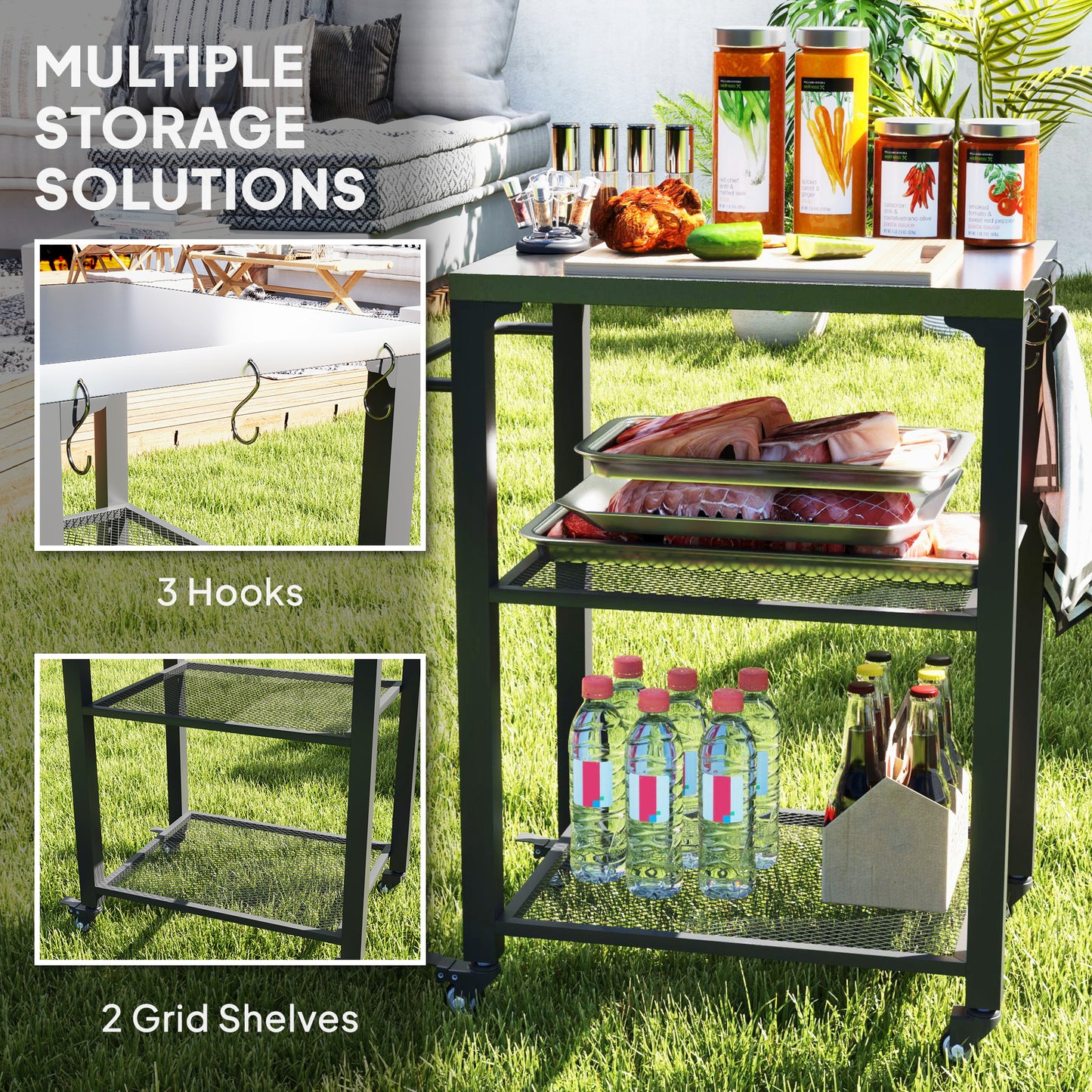 Outsunny Outdoor Grill Cart With Stainless Steel Top Three Shelf Kitchen Island On Wheels 3 Hooks Food Prep Table
