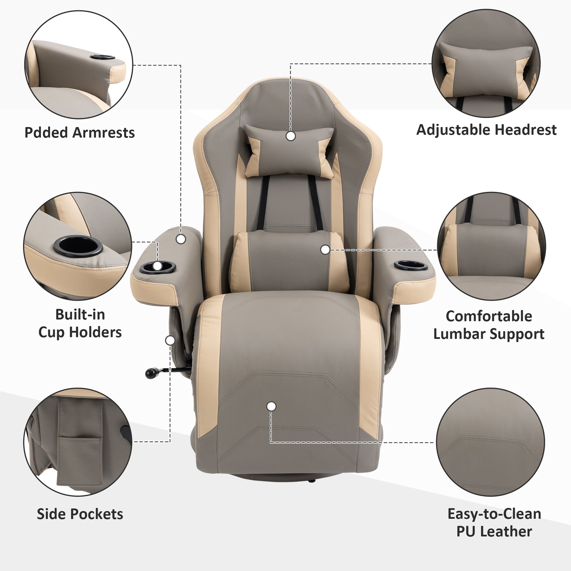 HOMCOM Faux Leather 360° Swivel Recliner Chair with Adjustable Footrest and Cup Holders, Grey - ALL4U RETAILER LTD