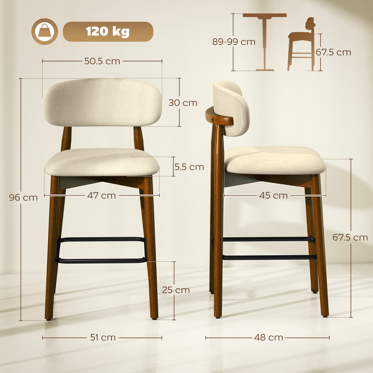 Pair of beige bar stools with curved backs, wooden legs, and black footrest